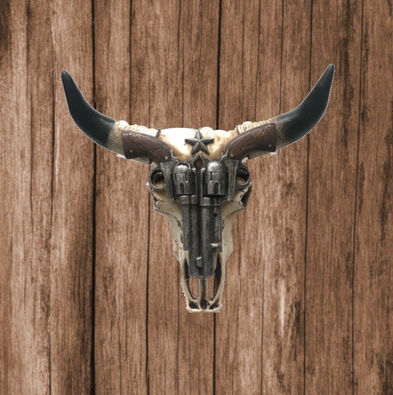 Wild west Cow skull, pistols, Cold Cast Bronze Wall Mount Sculpture 3D Figurine
