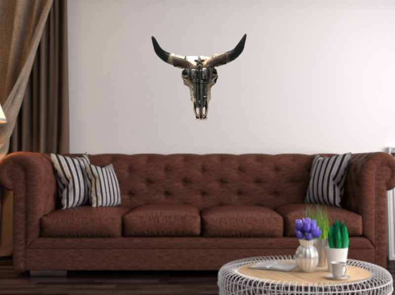 Wild west Cow skull, pistols, Cold Cast Bronze Wall Mount Sculpture 3D Figurine