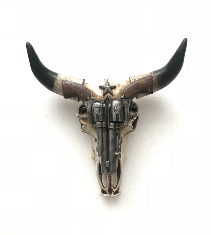 Wild west Cow skull, pistols, Cold Cast Bronze Wall Mount Sculpture 3D Figurine