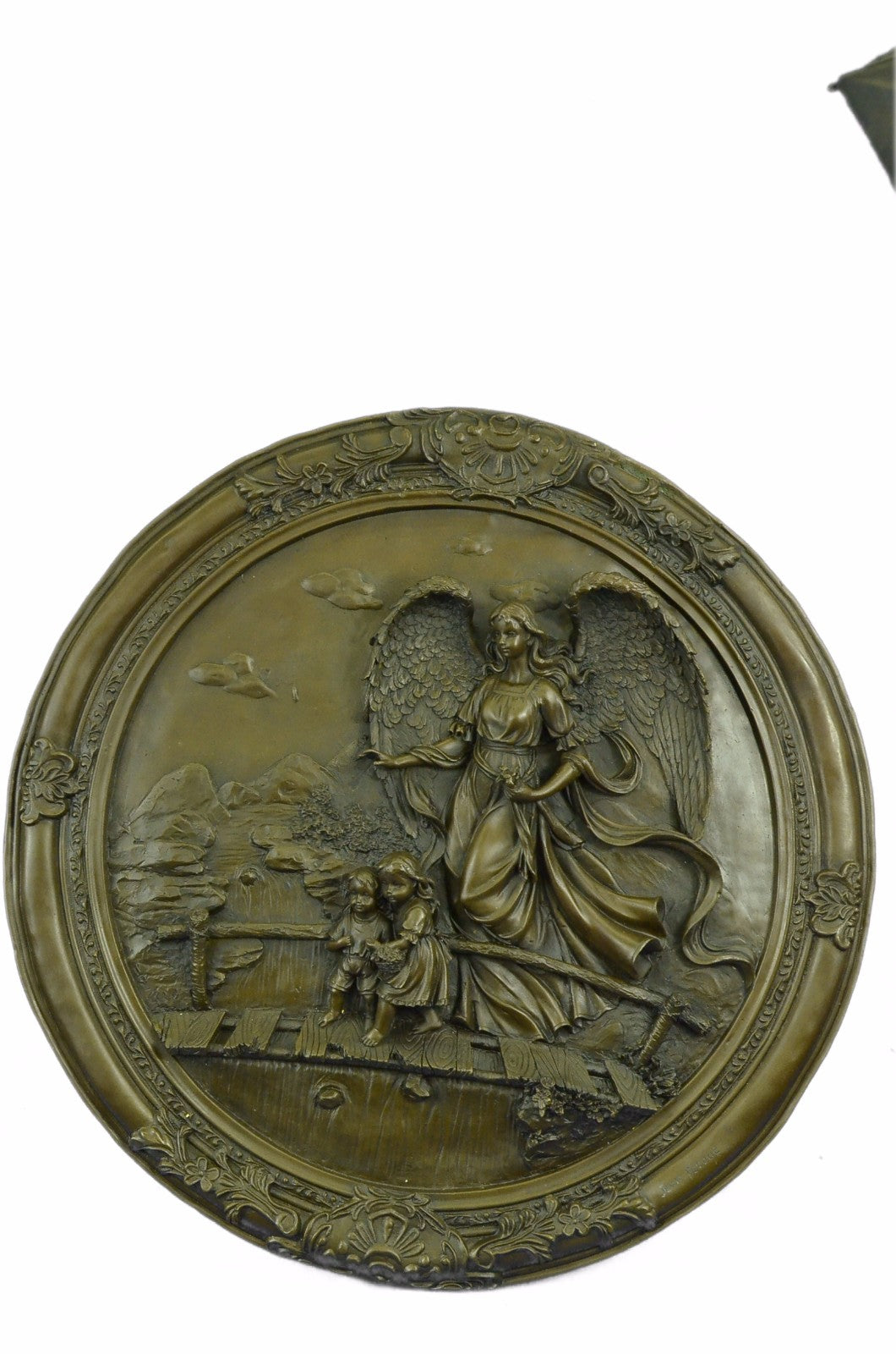 Bronze Sculpture Large Signed Original Bas Relief Angel with Children Figurine S