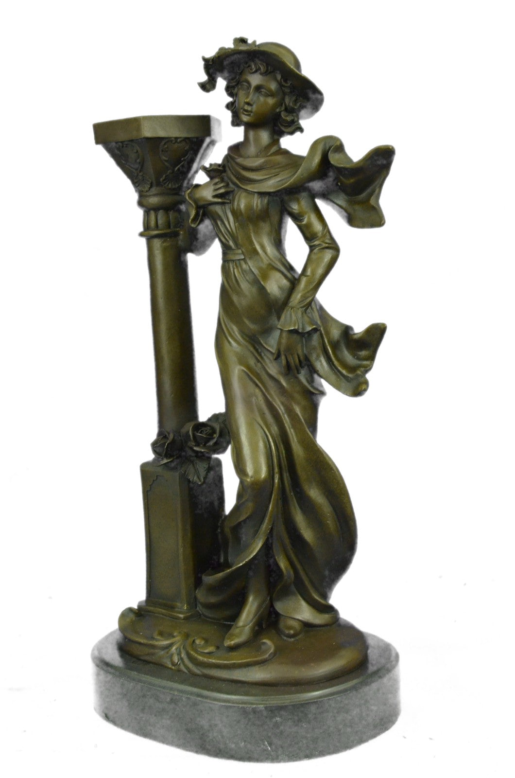 Victorian Woman With Flower Bronze Sculpture Candle Holder Art Deco Detailed Sta