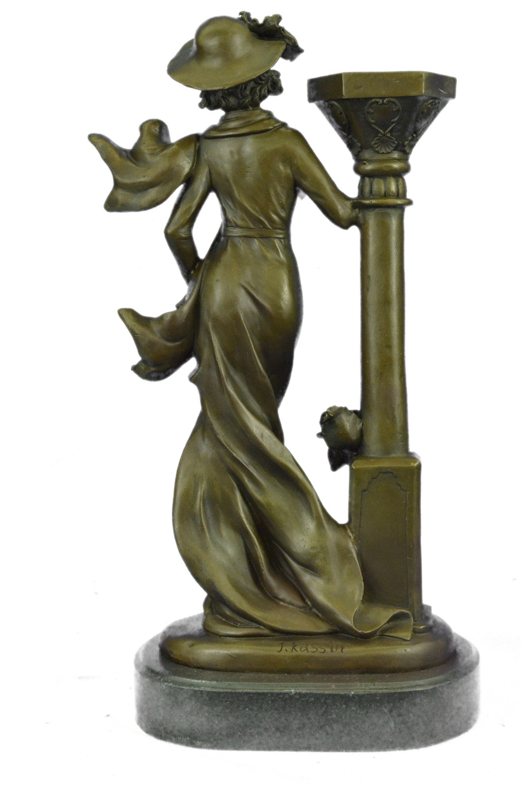 Victorian Woman With Flower Bronze Sculpture Candle Holder Art Deco Detailed Sta