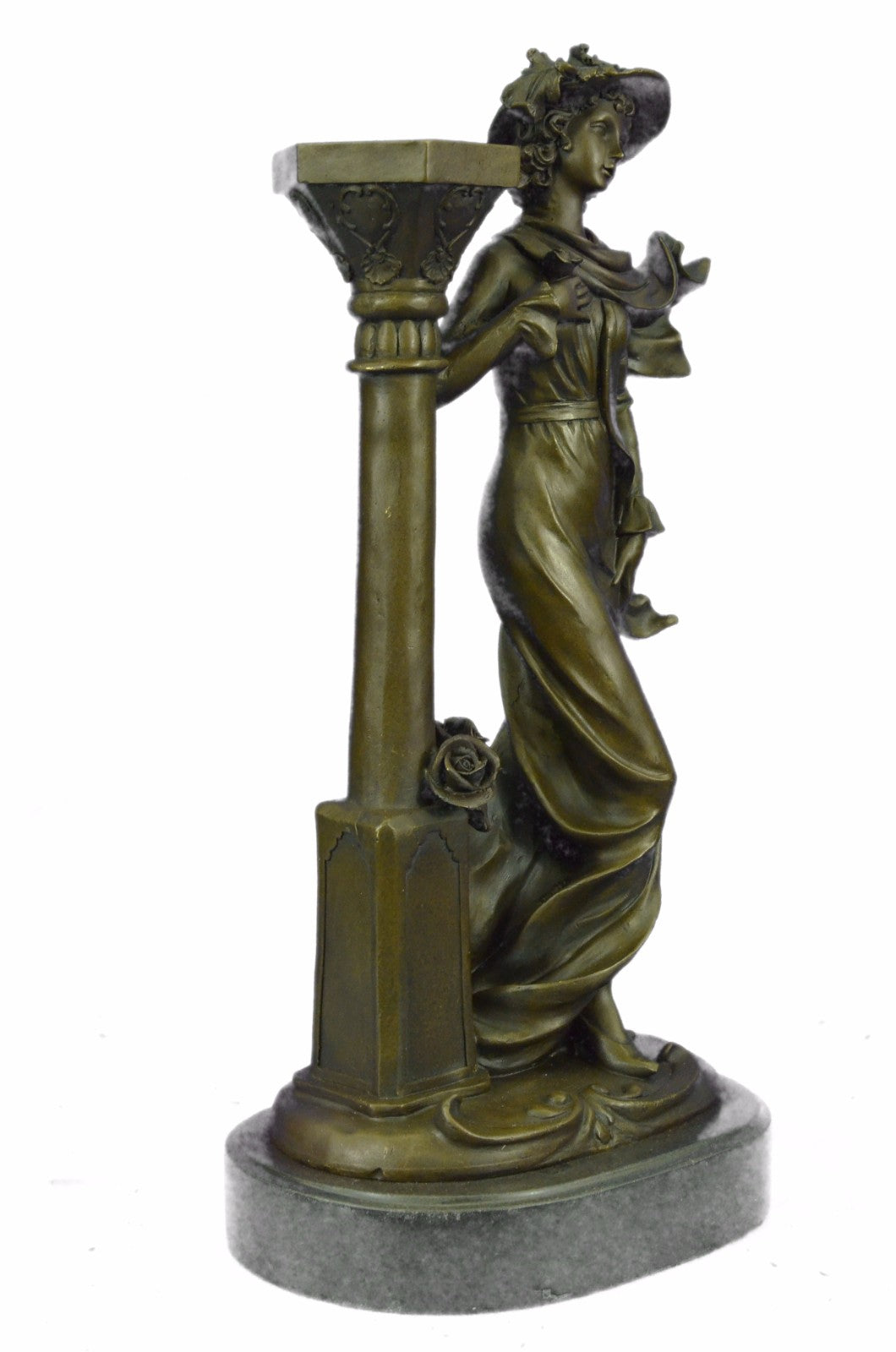 Victorian Woman With Flower Bronze Sculpture Candle Holder Art Deco Detailed Sta