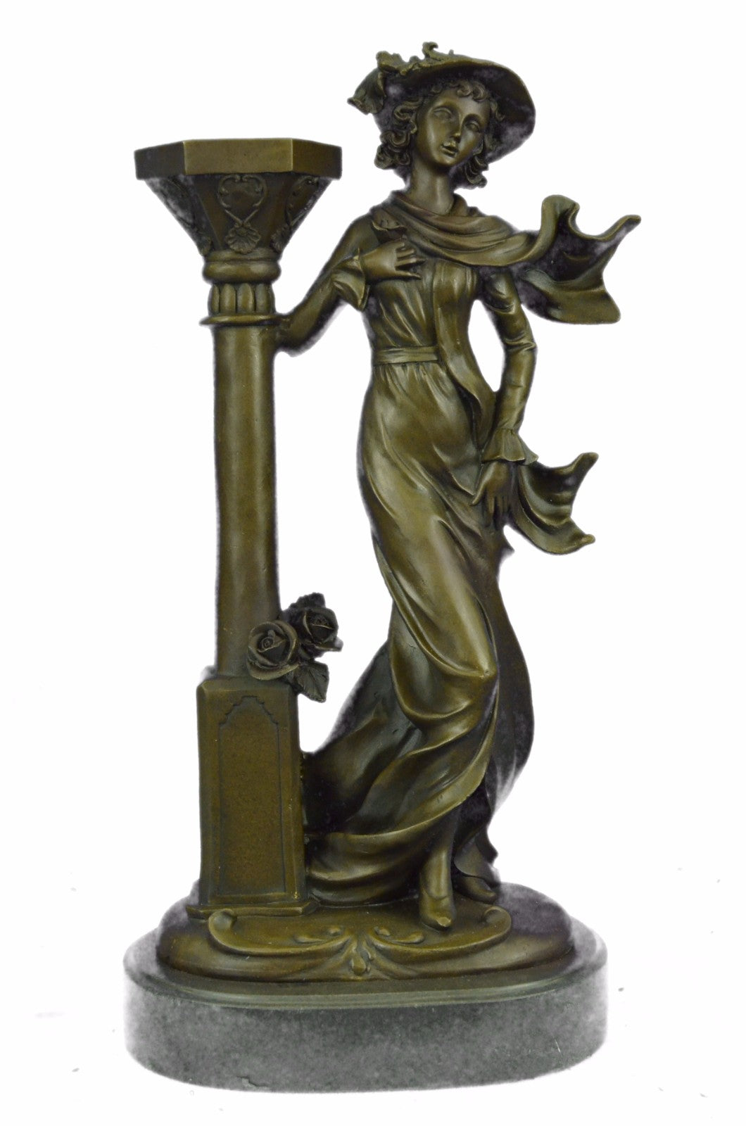 Victorian Woman With Flower Bronze Sculpture Candle Holder Art Deco Detailed Sta