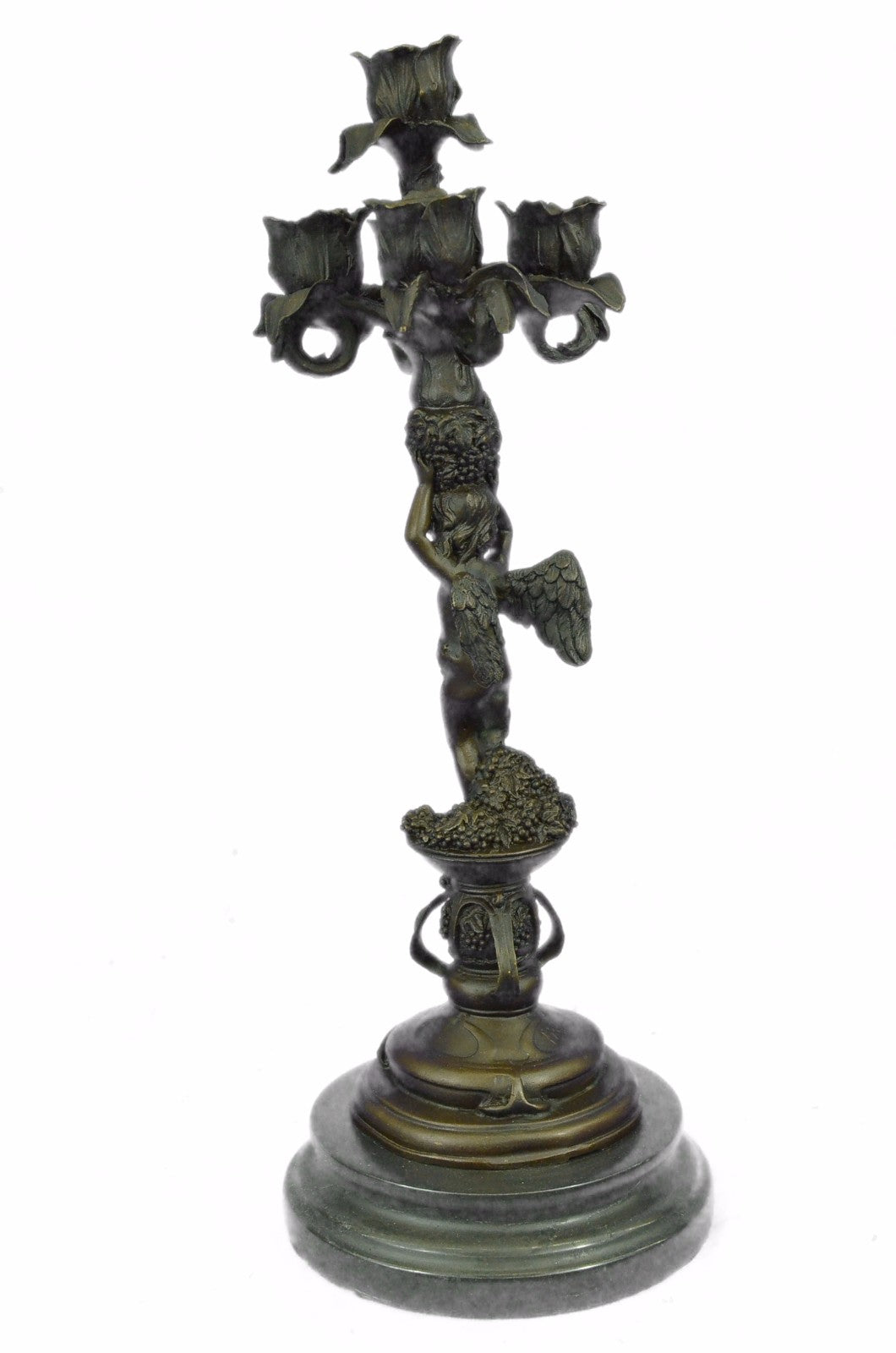 Art Deco Hot Cast Angel Candelabra Bronze Sculpture Marble Base Figurine Figure