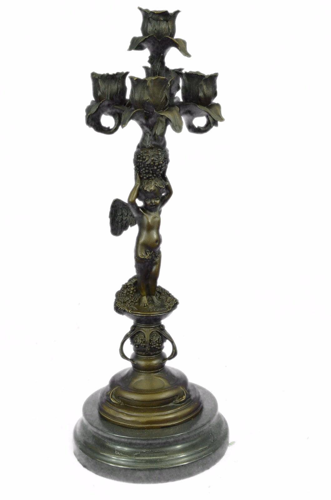 Art Deco Hot Cast Angel Candelabra Bronze Sculpture Marble Base Figurine Figure