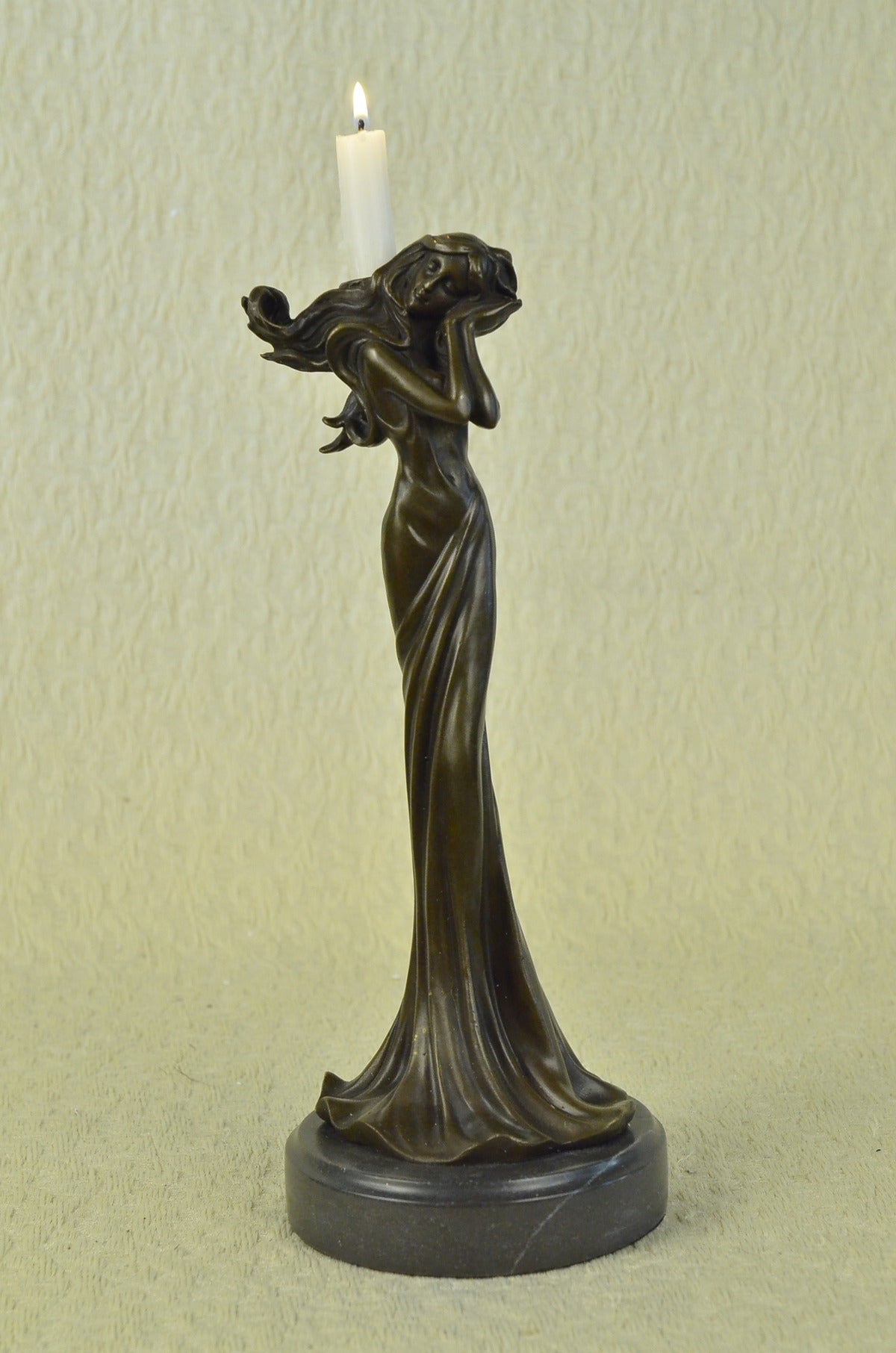 CLEARANCE SALE Floral Princess Bronze Marble Base Candle Holder Sculpture