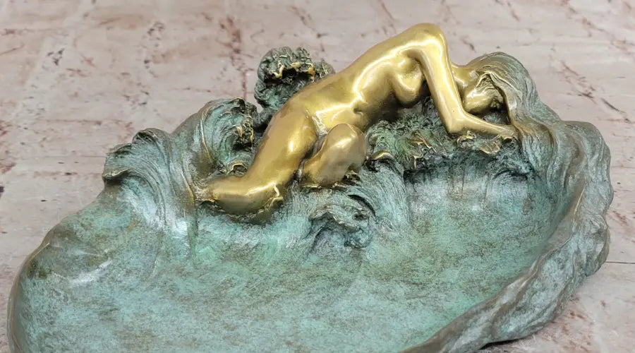 Art Nouveau bronze lady sculpture with lotus jewelry dish, green patina, elegant accent for modern interior decor