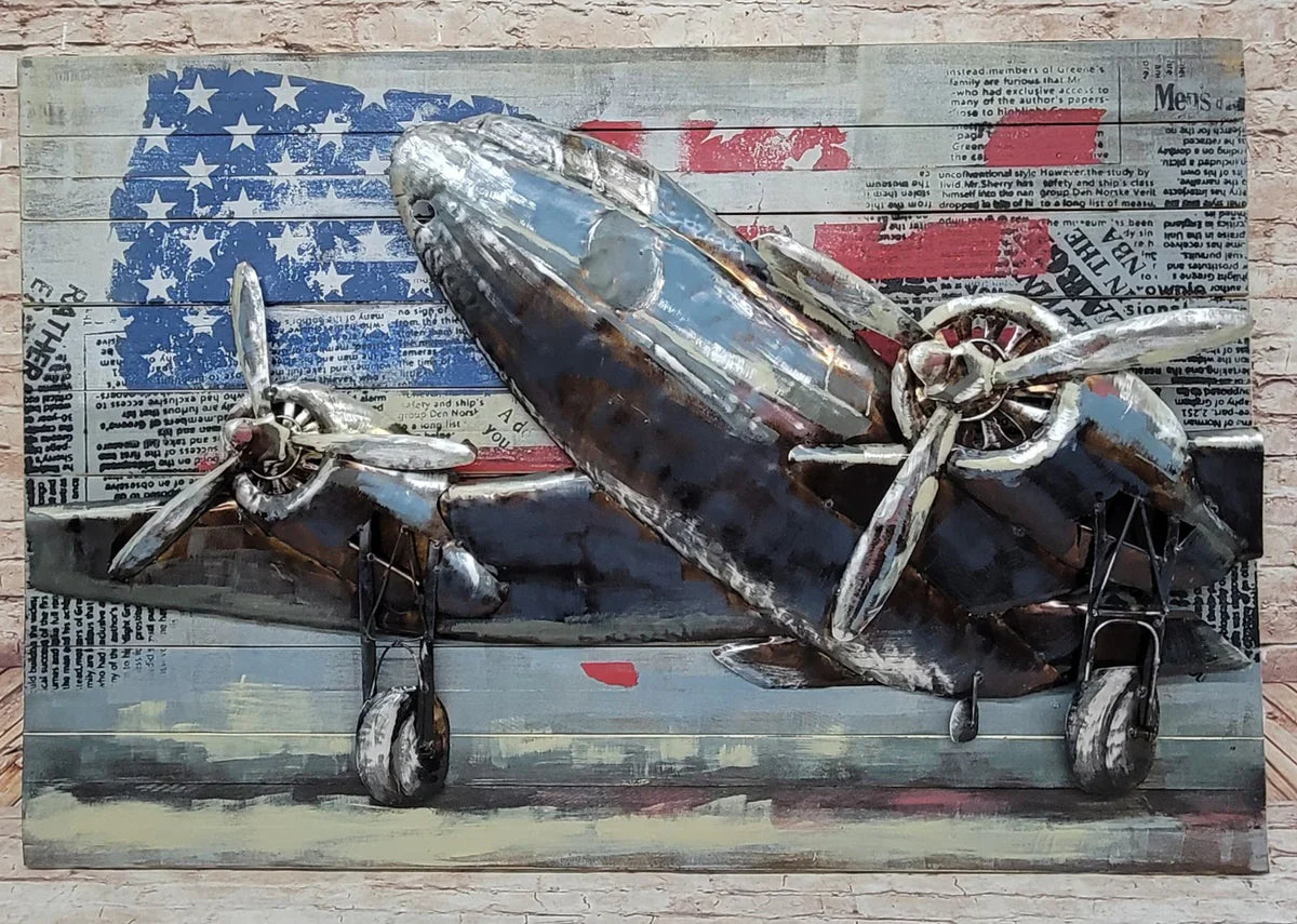 Textured 3D painting of a vintage airplane with US flag design, guiding the choice of art for your interior style.