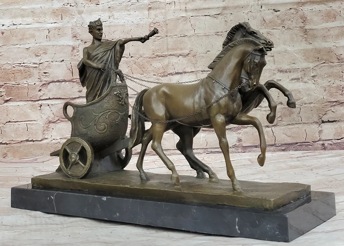  Bronze statue of a Roman chariot rider with two horses, a powerful historical warrior statement piece.