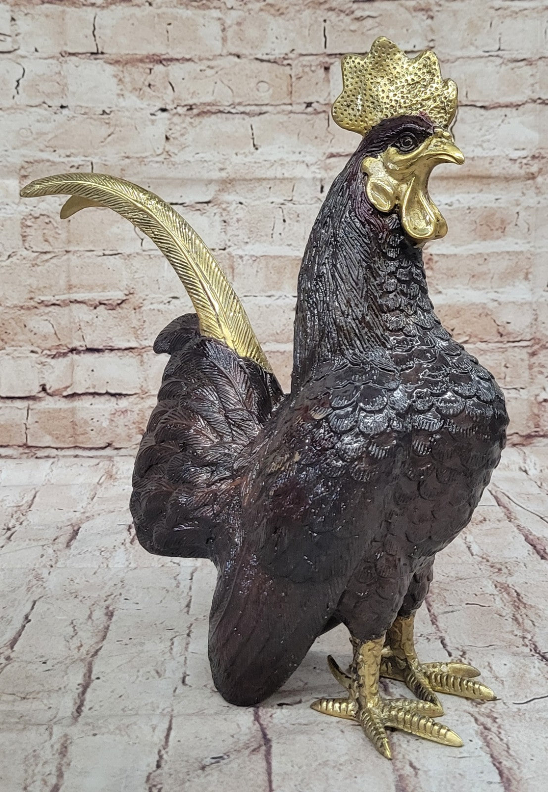 Solid 100% Bronze Sculpture Signed Exquisite Rooster Farm Art Statues Figure Gift