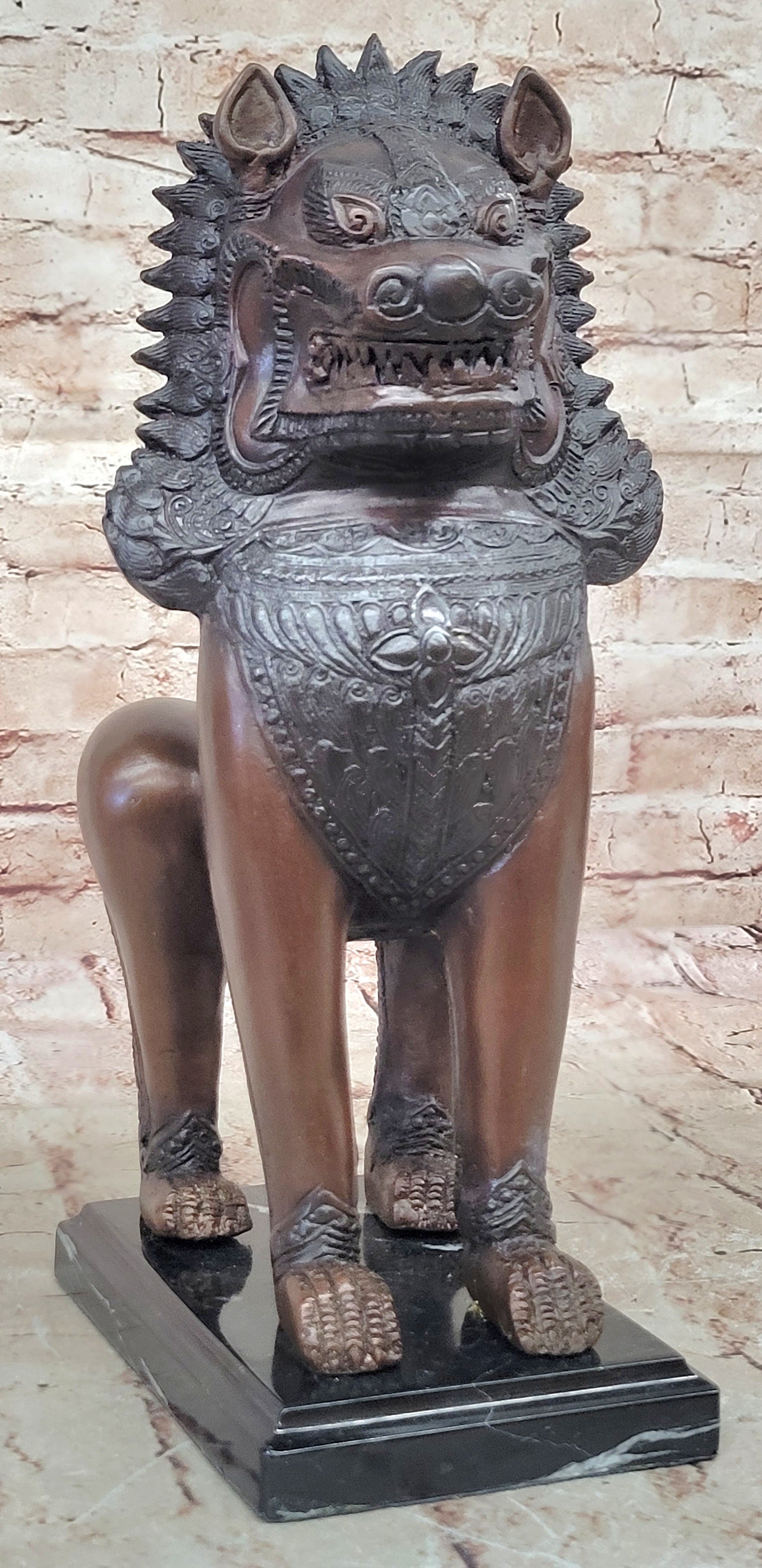 Handcrafted Bronze Temple Lion Statues Thailand Foo Dogs on Marble