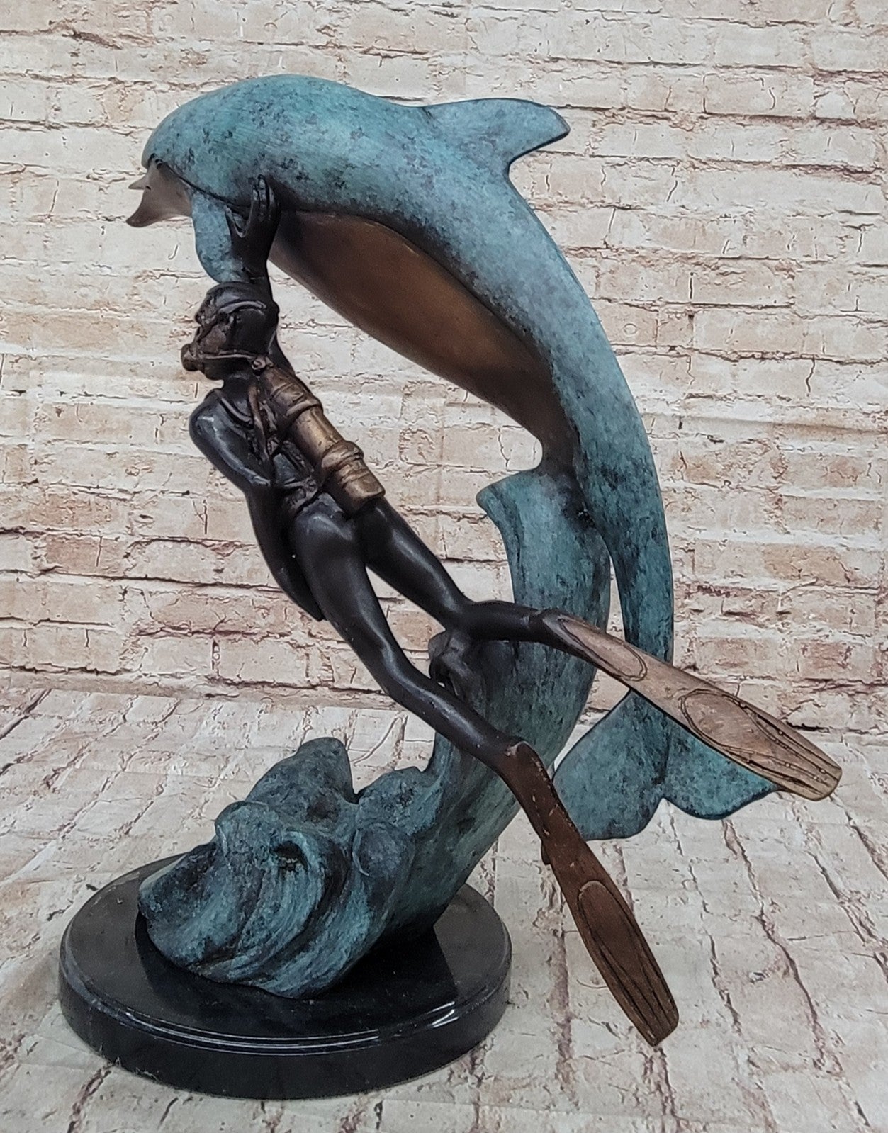 Statue, MKV Diver, "On the Move", Bronze, with Large Whale Figurine Marble Figure