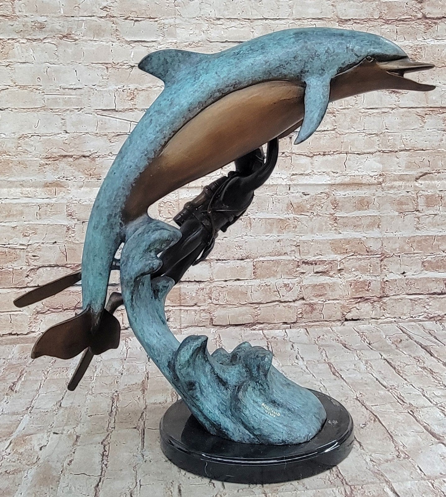 Statue, MKV Diver, "On the Move", Bronze, with Large Whale Figurine Marble Figure