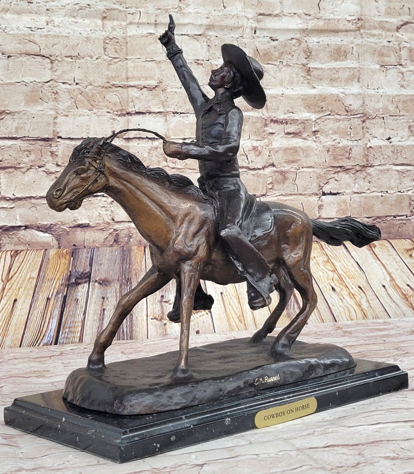 Bronze Cowboy Sculpture Lasso Western Horse Fine Art Remington Russell 23lb 17in