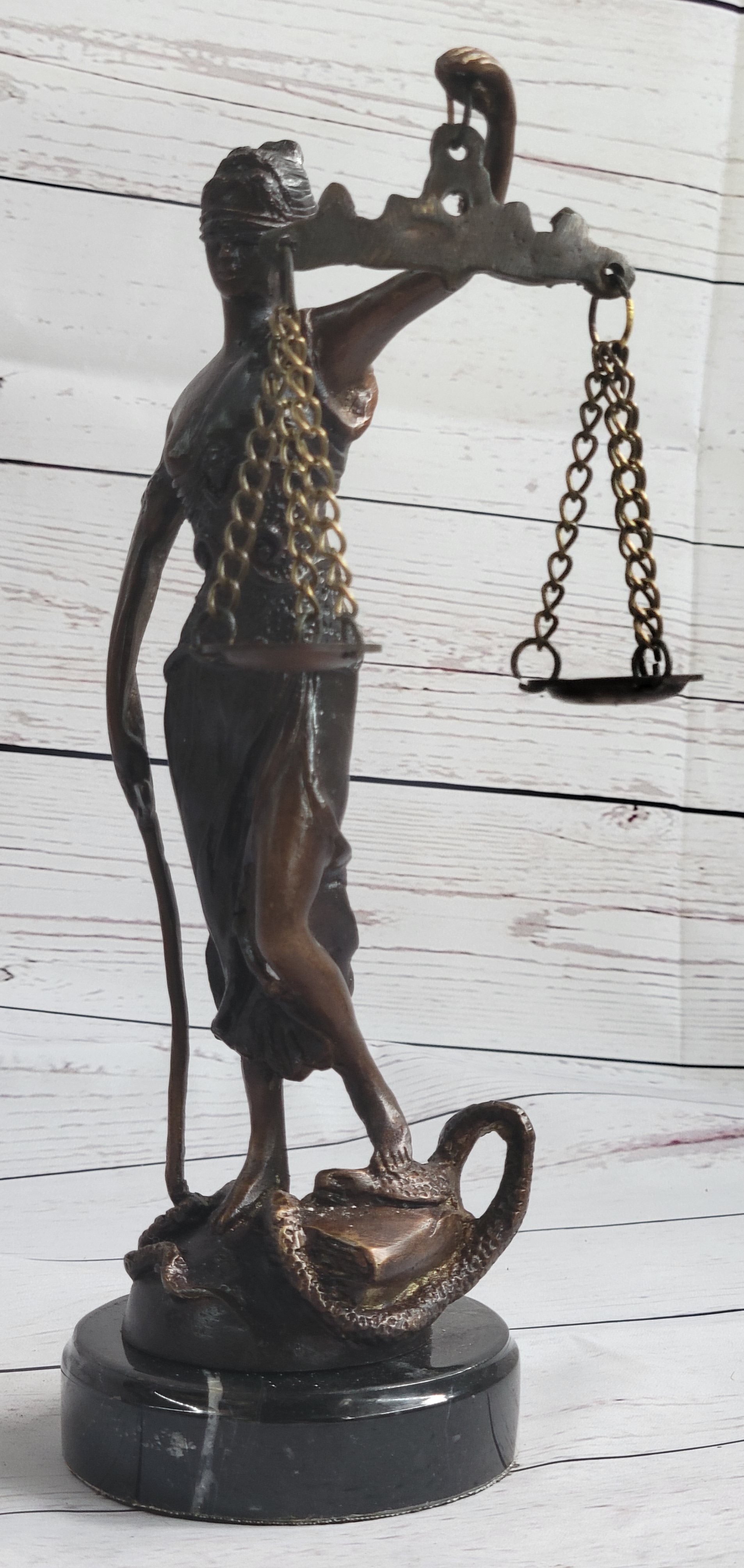 10" Tall BRONZE BLIND JUSTICE LAW MARBLE STATUE LADY SCALE Sculpture Nouveau Art