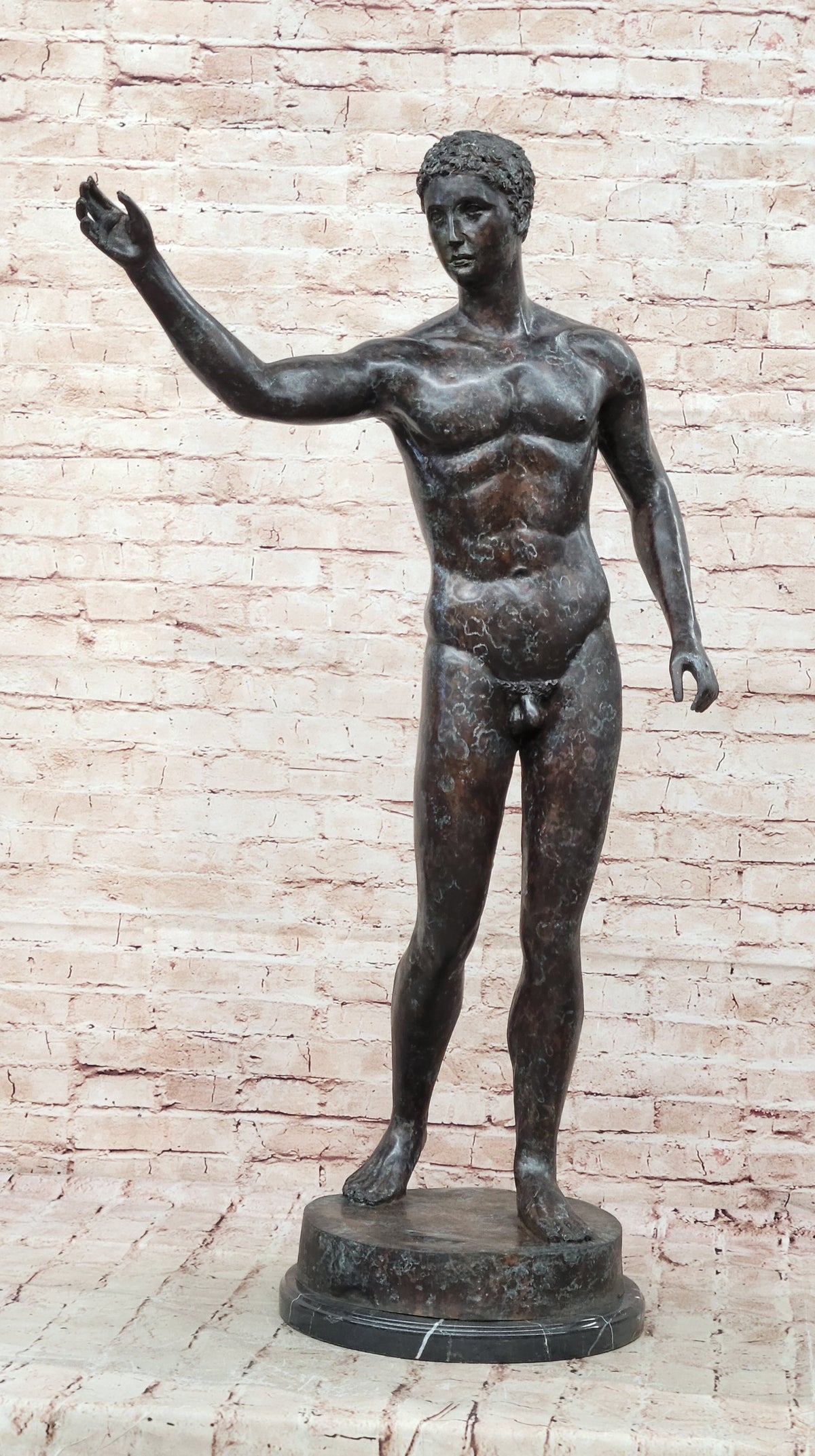 Classic Rodin Age of Bronze Elegant Male Nude Figure Marble Statue Sculpture