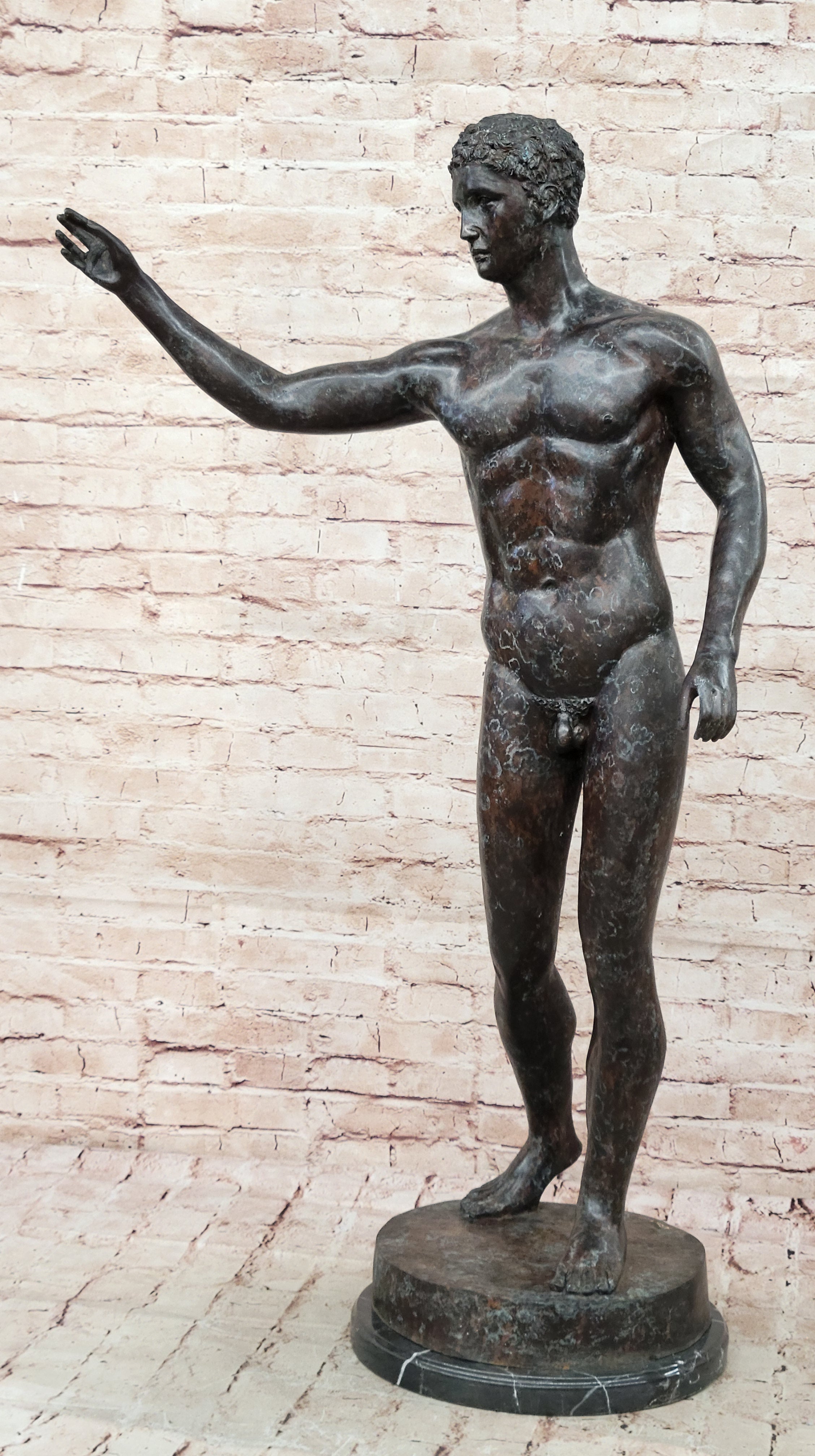 Classic Rodin Age of Bronze Elegant Male Nude Figure Marble Statue Sculpture