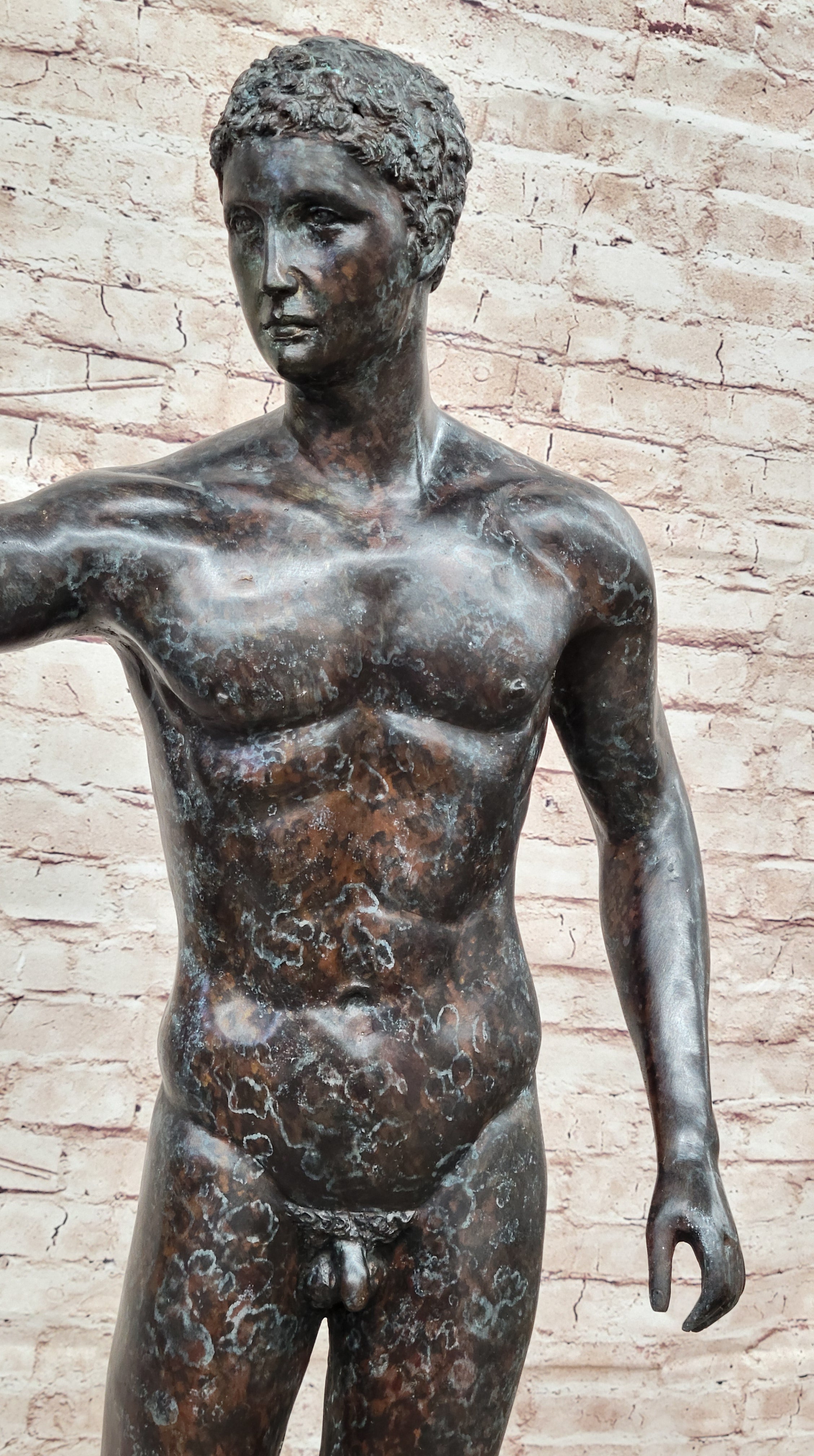 Classic Rodin Age of Bronze Elegant Male Nude Figure Marble Statue Sculpture