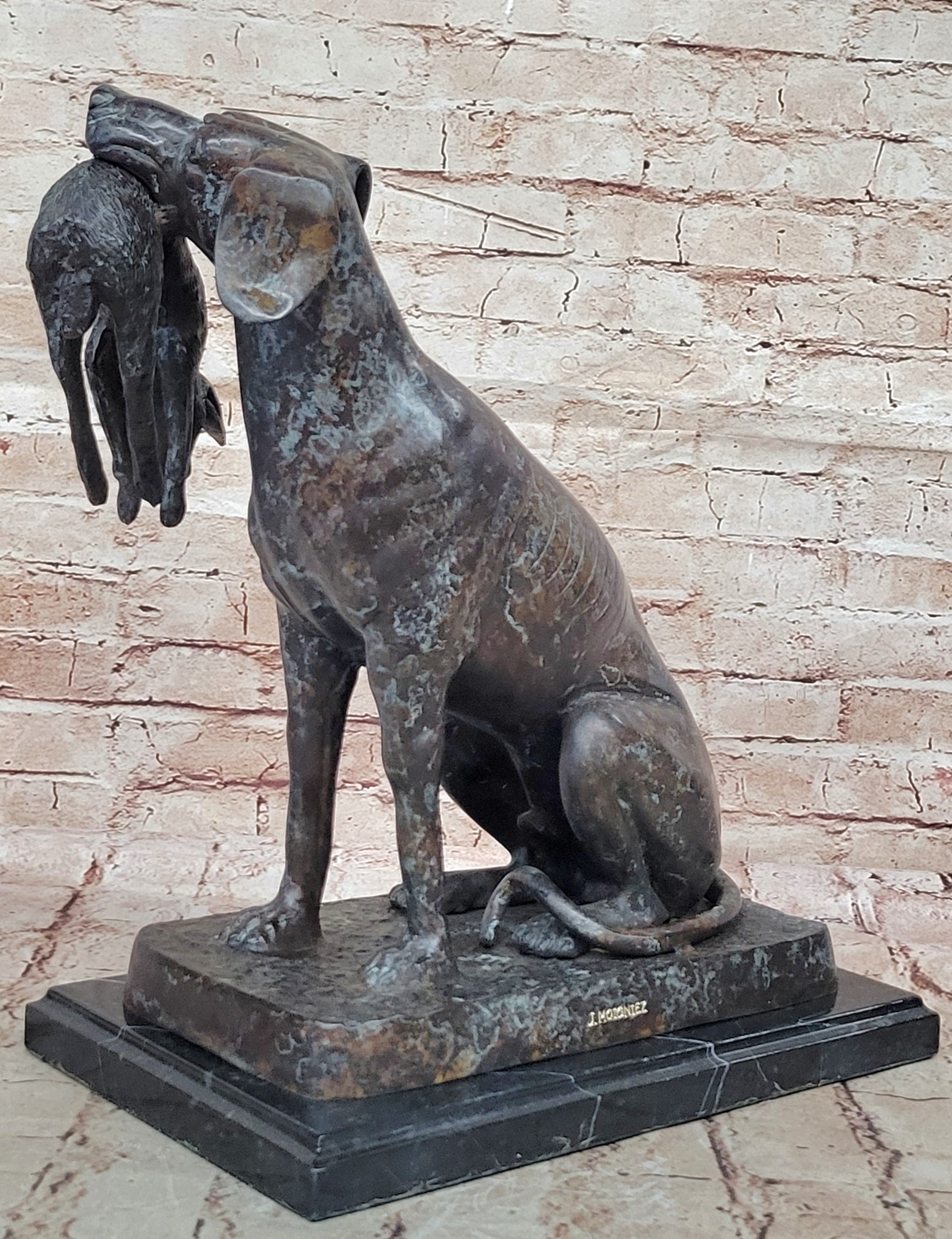 40 cm Western Art Deco pure Bronze hunting dog catch hunt rabbit hare Sculpture