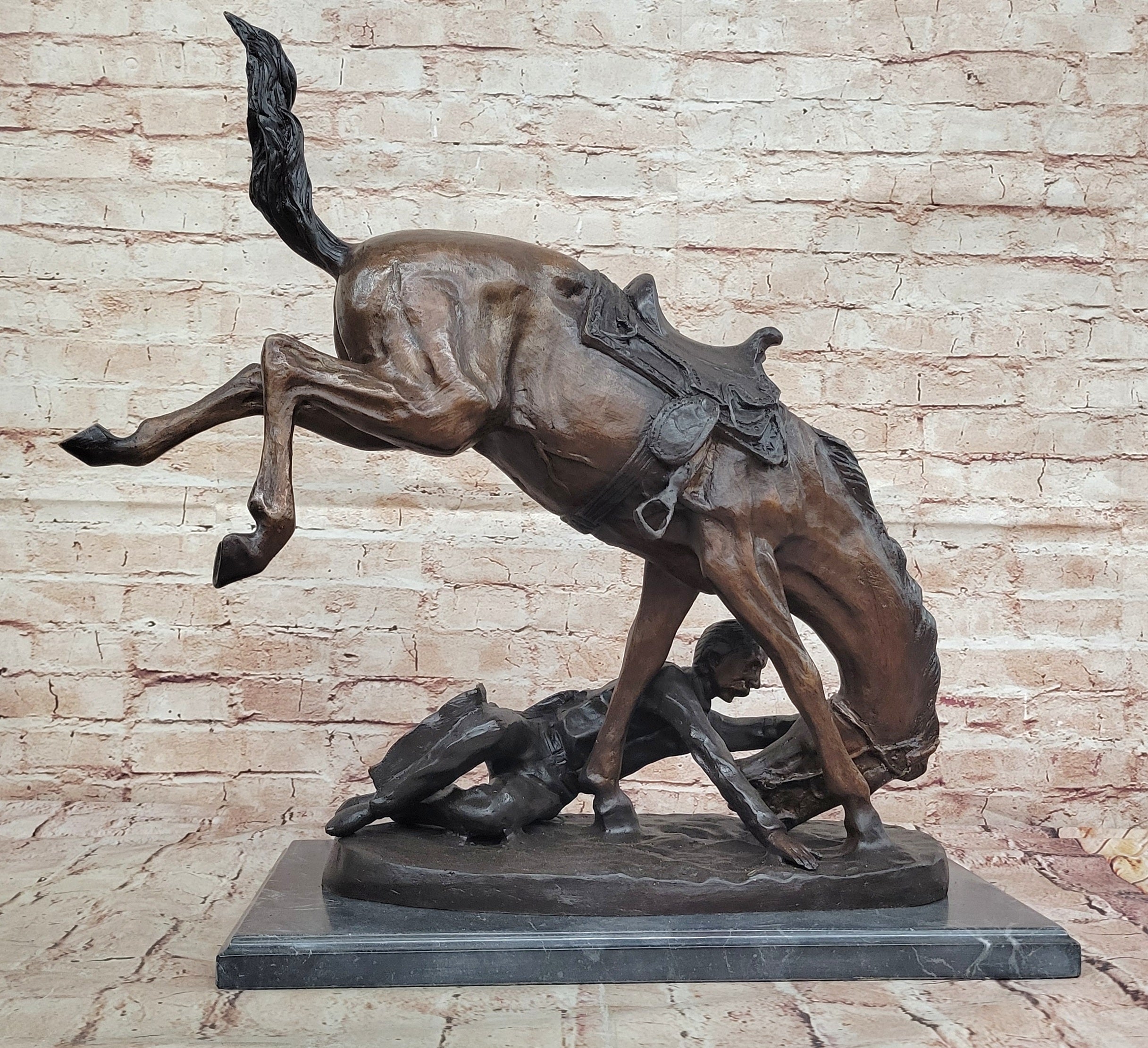Lost Wax Large Bronze Statue -"Wicked Pony" by Fredrick Remington on marble base