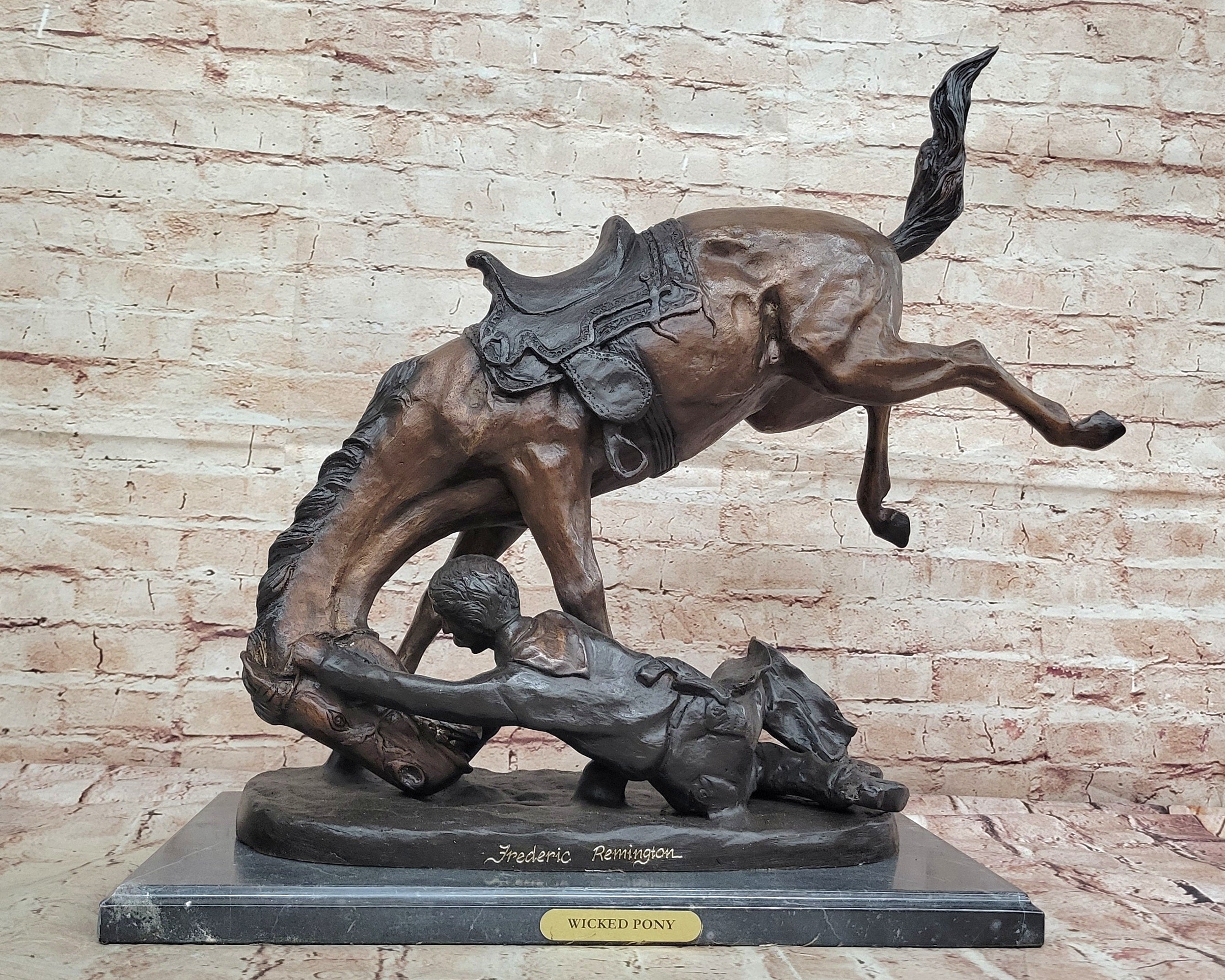 Lost Wax Large Bronze Statue -"Wicked Pony" by Fredrick Remington on marble base