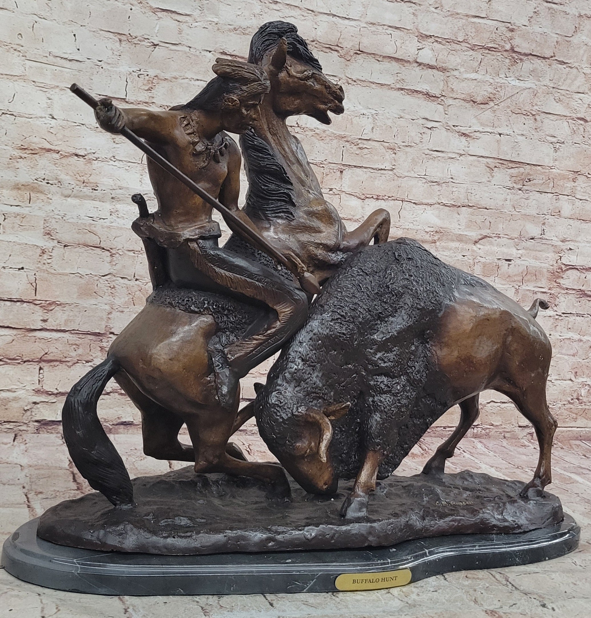 Handcrafted bronze sculpture SALE By Russell Solid Collectible Hunt" Buffalo *