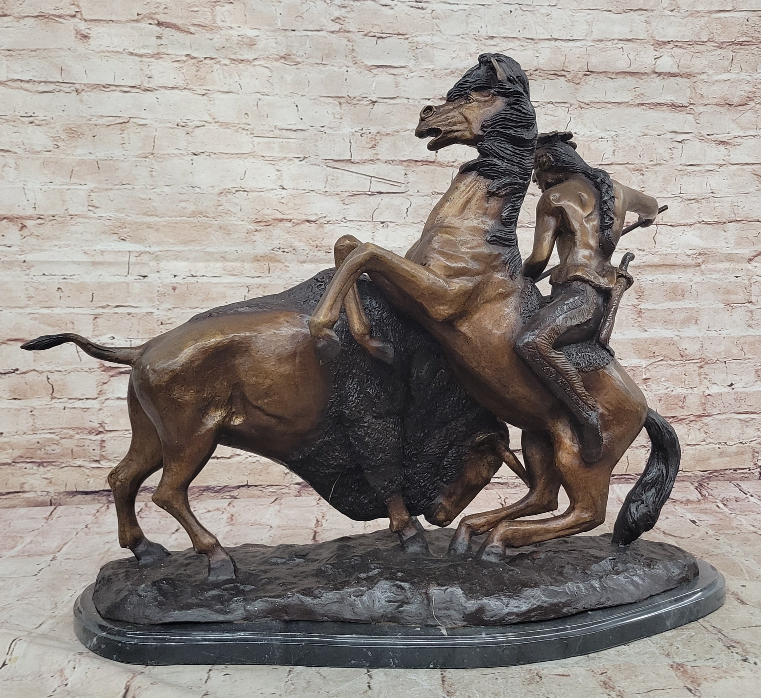 Handcrafted bronze sculpture SALE By Russell Solid Collectible Hunt" Buffalo *