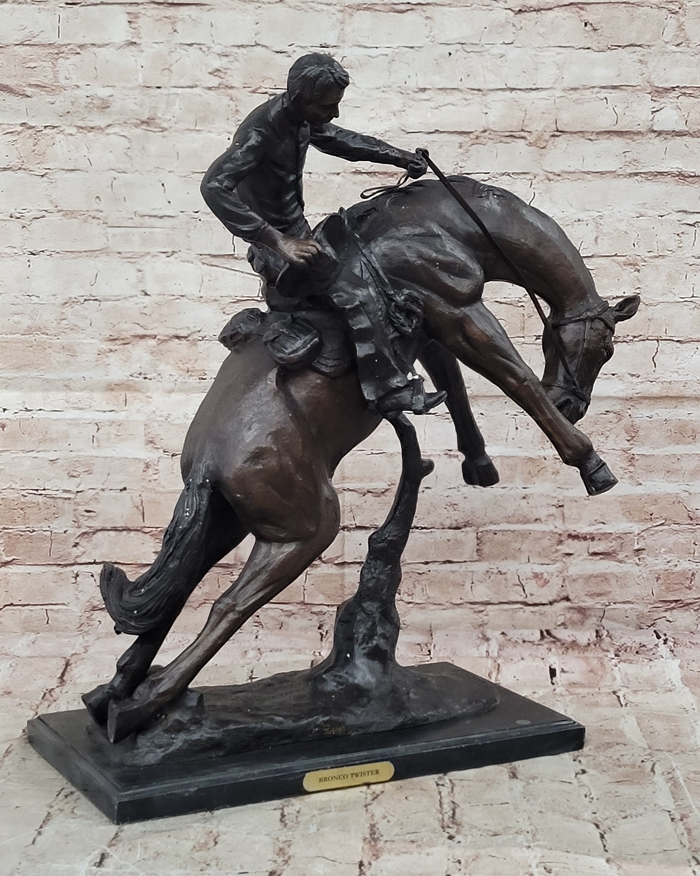 Bronze Sculpture Hand Made Huge Bronco Buster Cowboy on Horse Figurine Figure