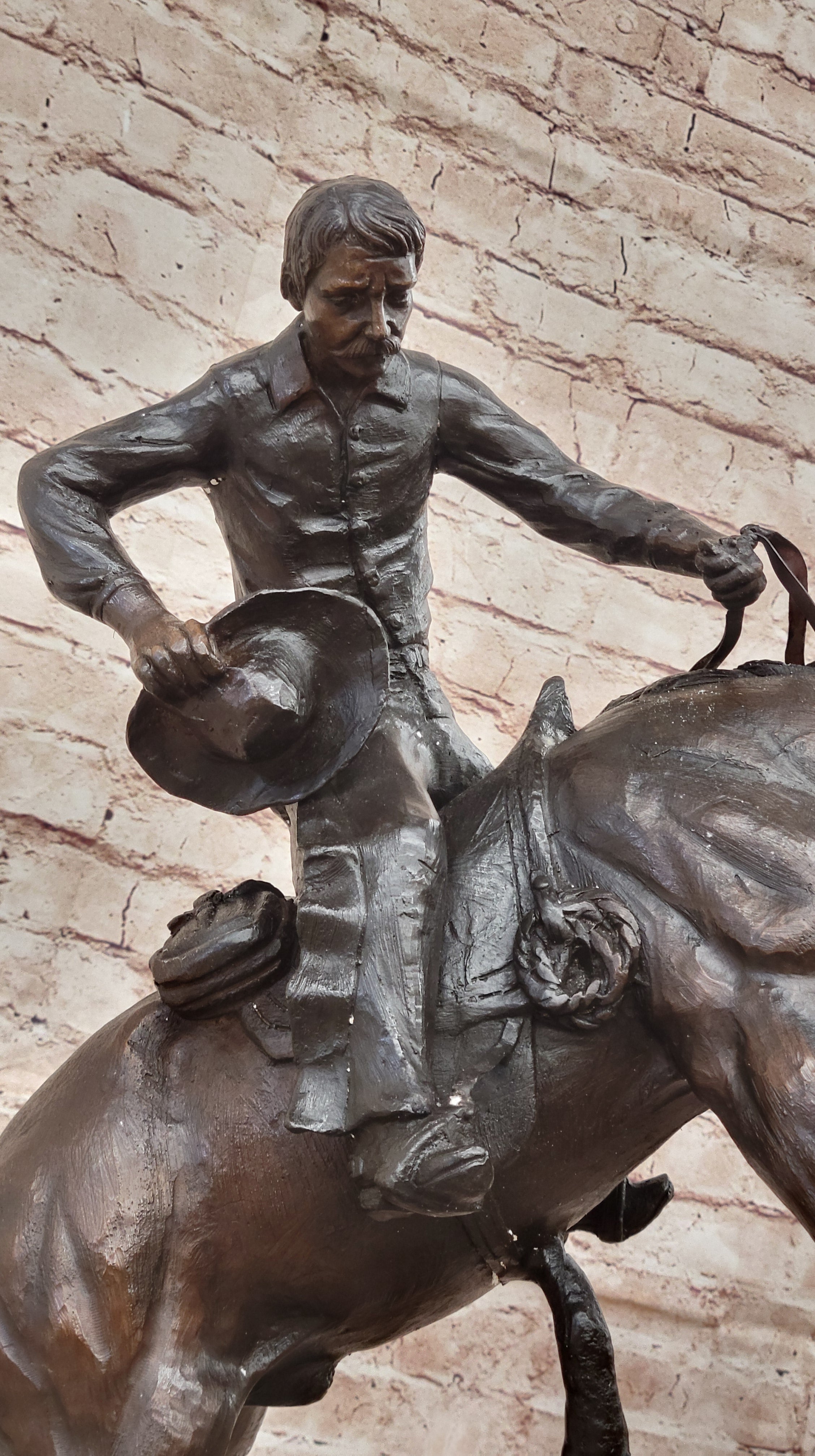 Bronze Sculpture Hand Made Huge Bronco Buster Cowboy on Horse Figurine Figure