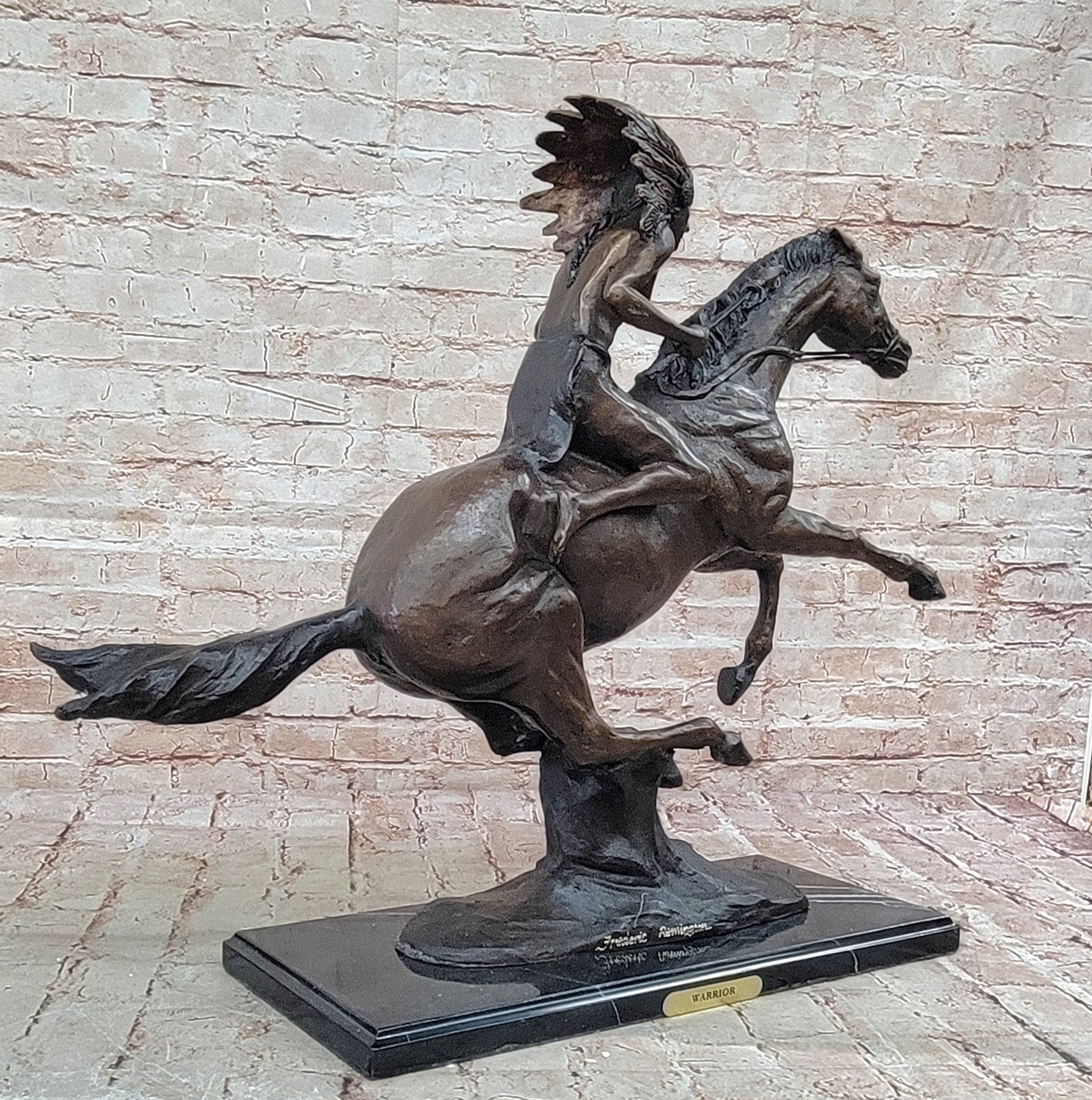 Signed Remington Native American Indian Riding Horse Bronze Sculpture Statue Art