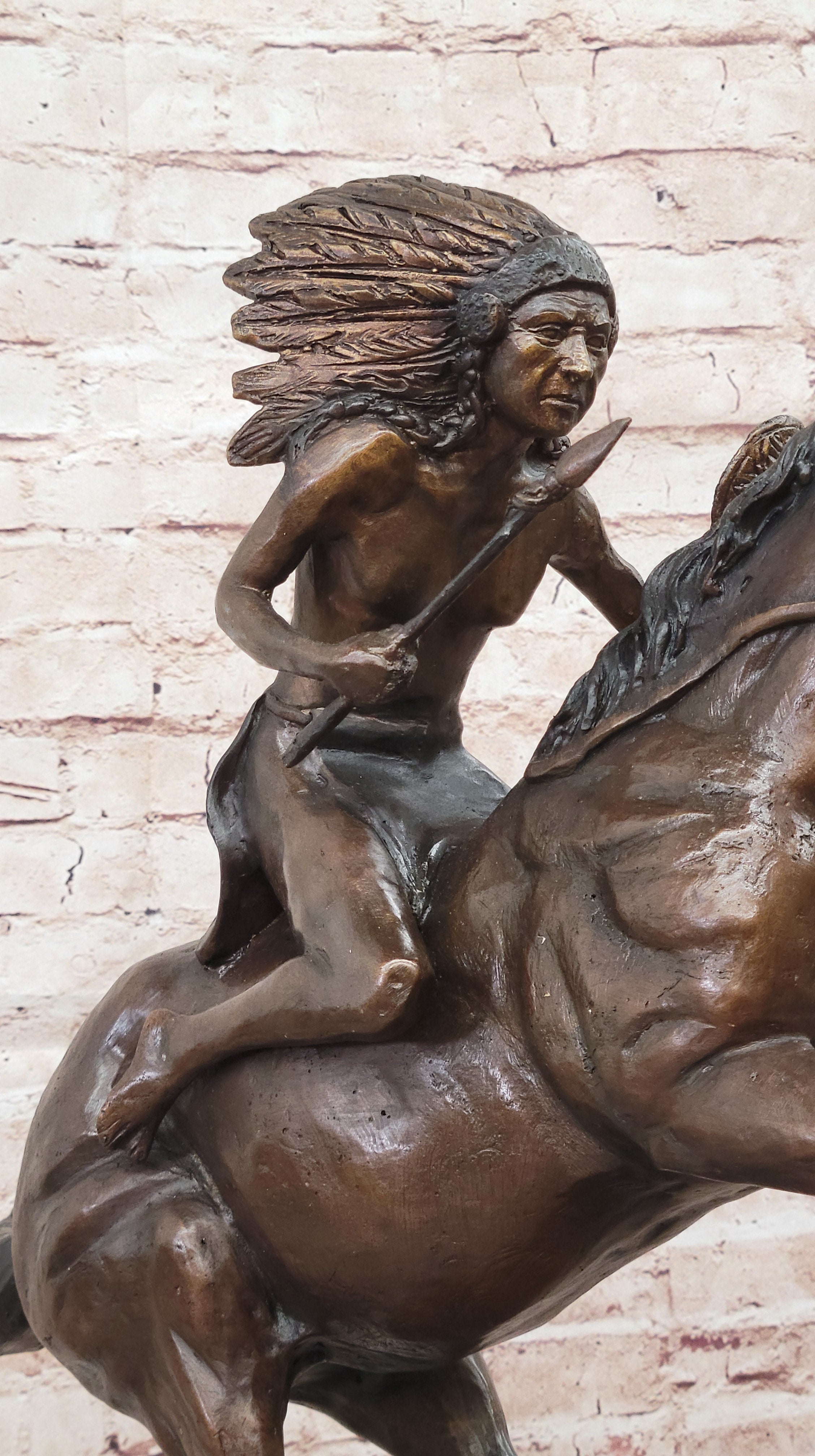 Signed Remington Native American Indian Riding Horse Bronze Sculpture Statue Art