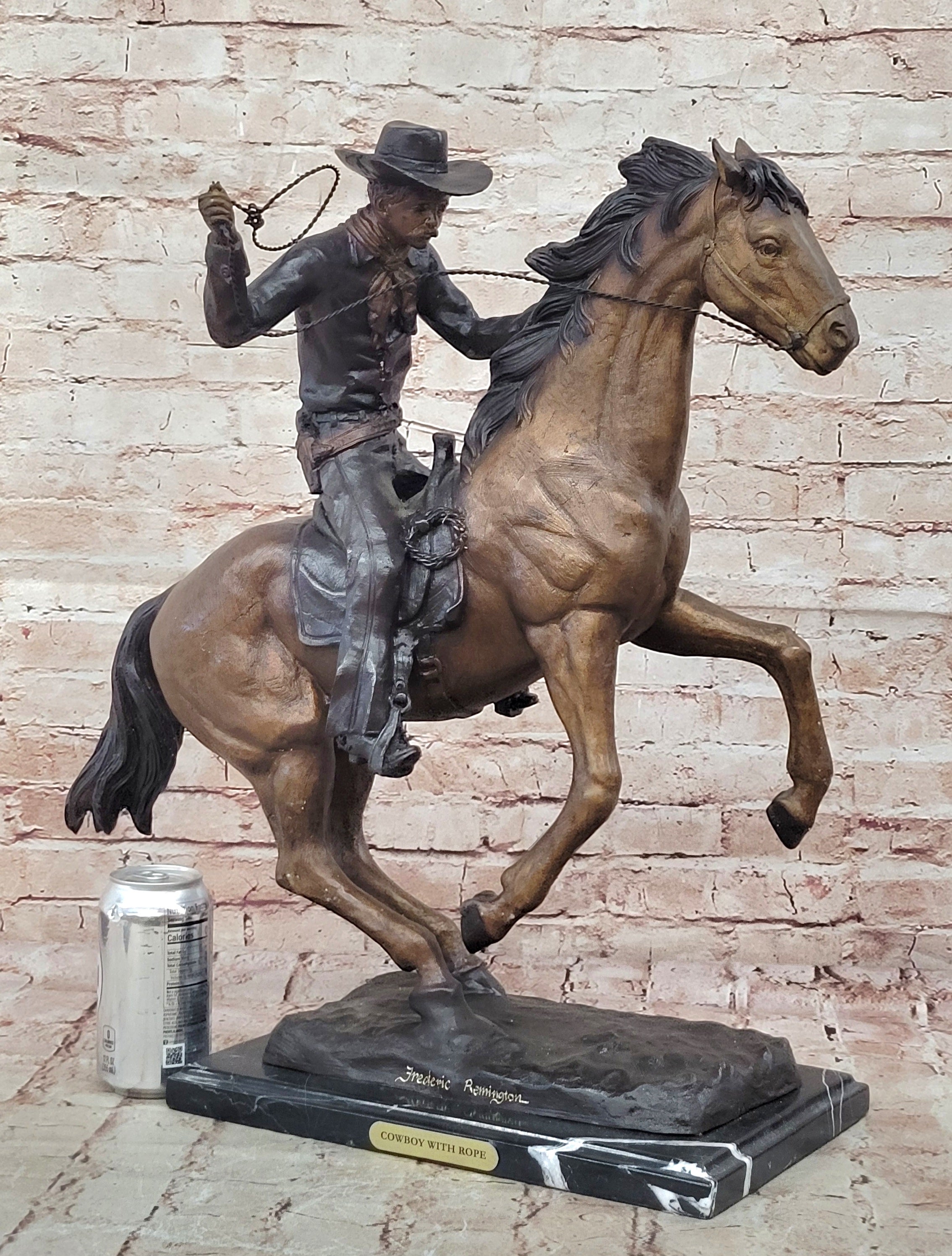Old School Hot Cast Western Cowboy with His Horse Bronze Sculpture Marble Base