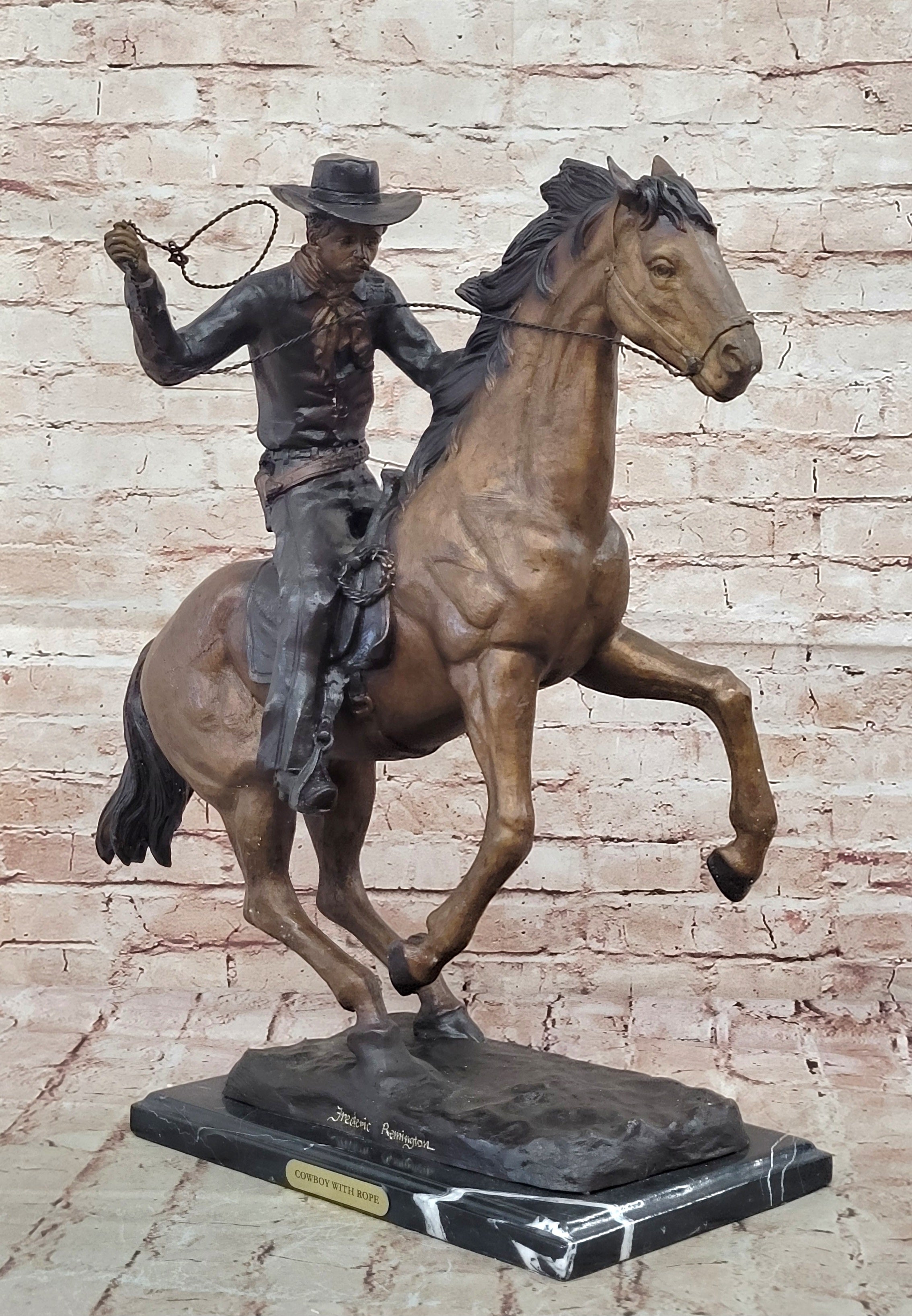 Old School Hot Cast Western Cowboy with His Horse Bronze Sculpture Marble Base