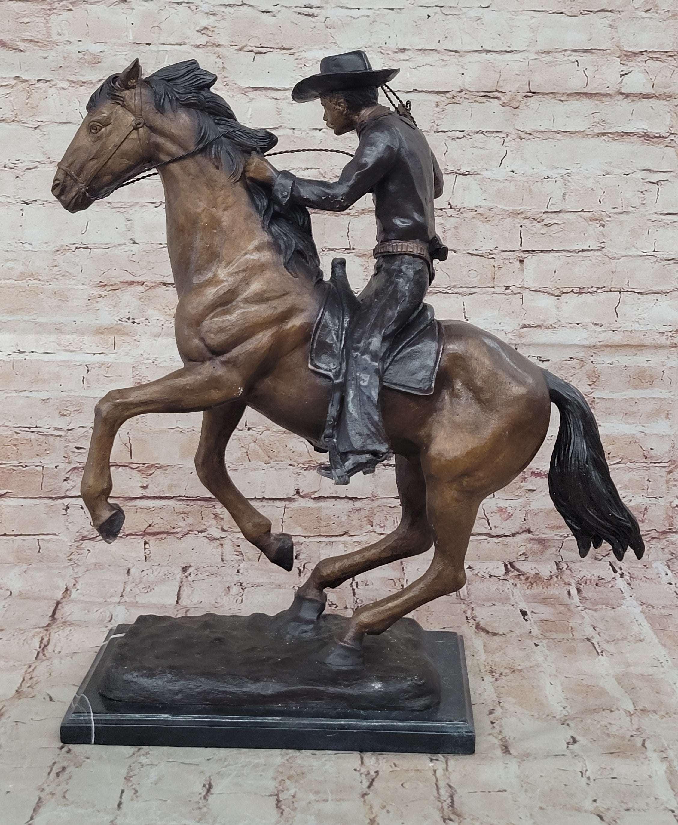 Old School Hot Cast Western Cowboy with His Horse Bronze Sculpture Marble Base