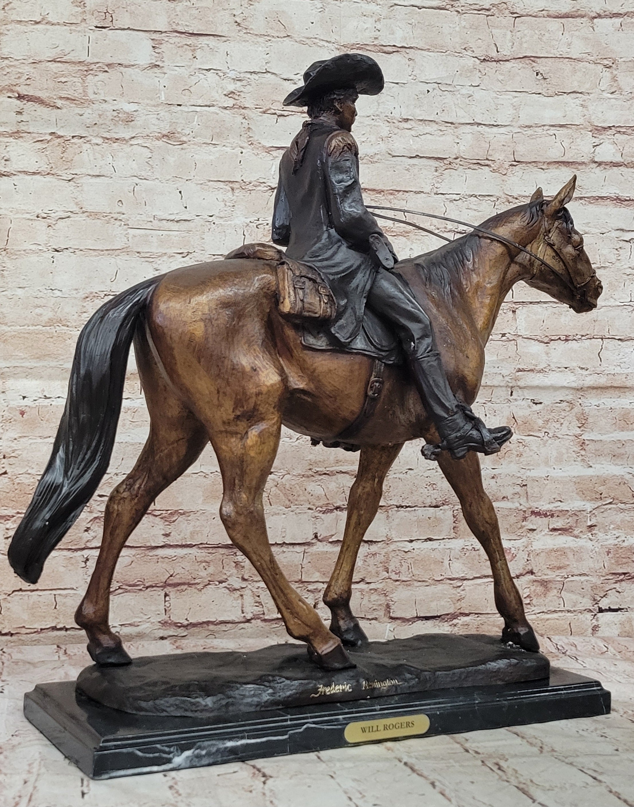 Remington 100% Bronze cowboy with Rifle in hand on horse good patina design