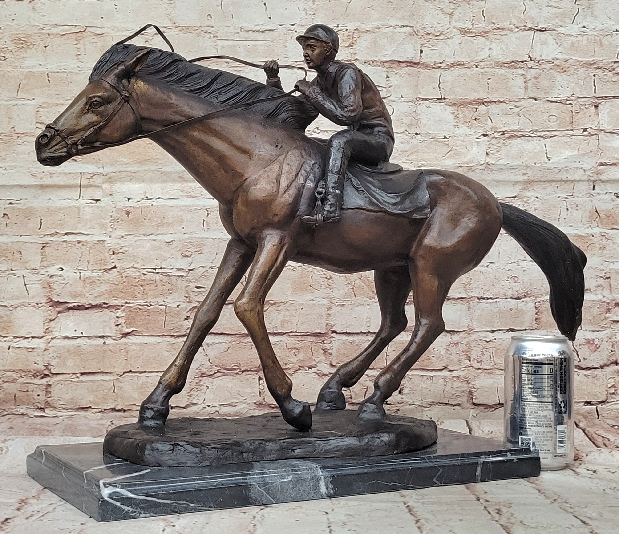 Bronze Sculpture Original  Signed Statue Of Jockey& Race Horse Office Trophy