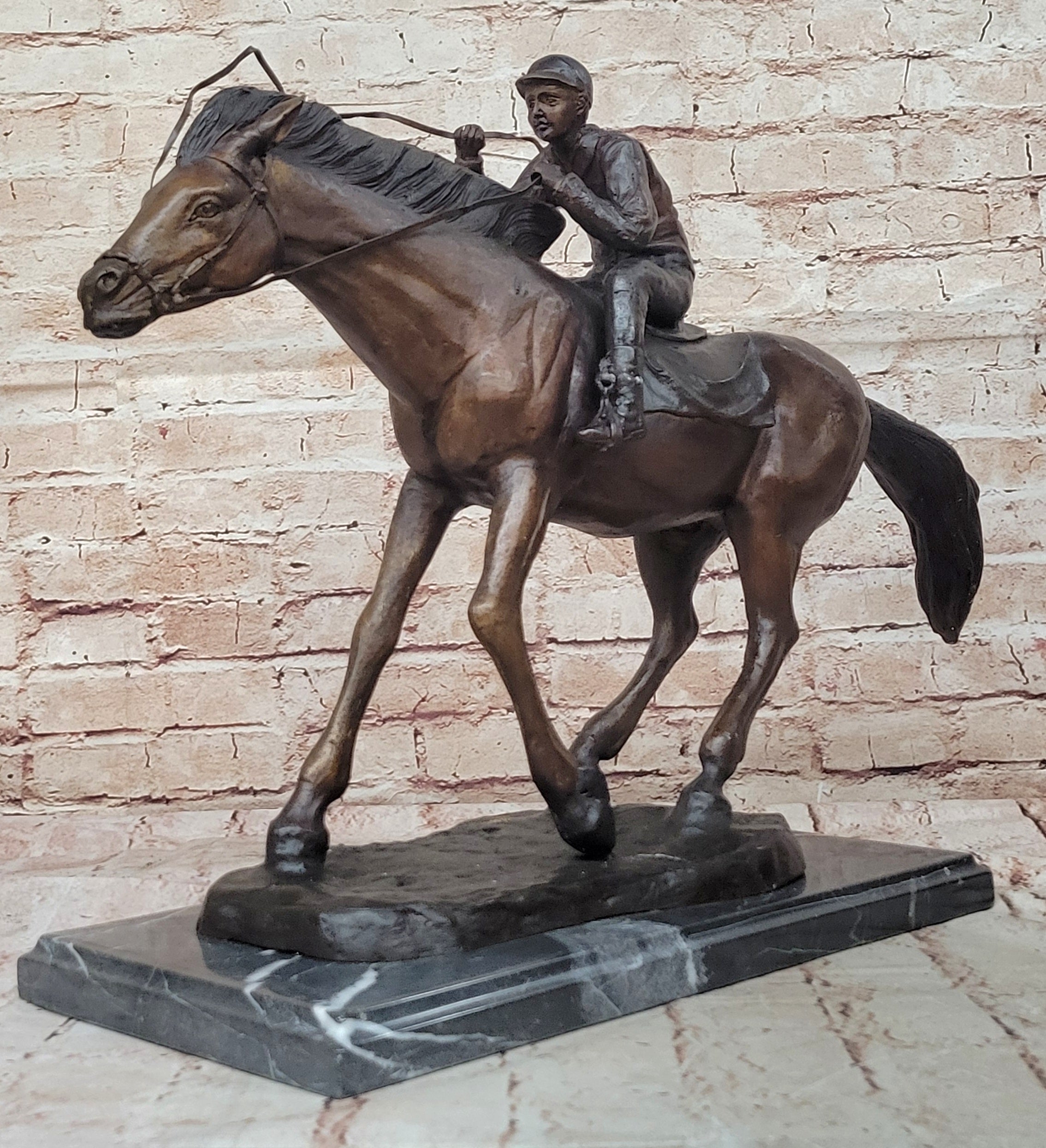 Bronze Sculpture Original  Signed Statue Of Jockey& Race Horse Office Trophy