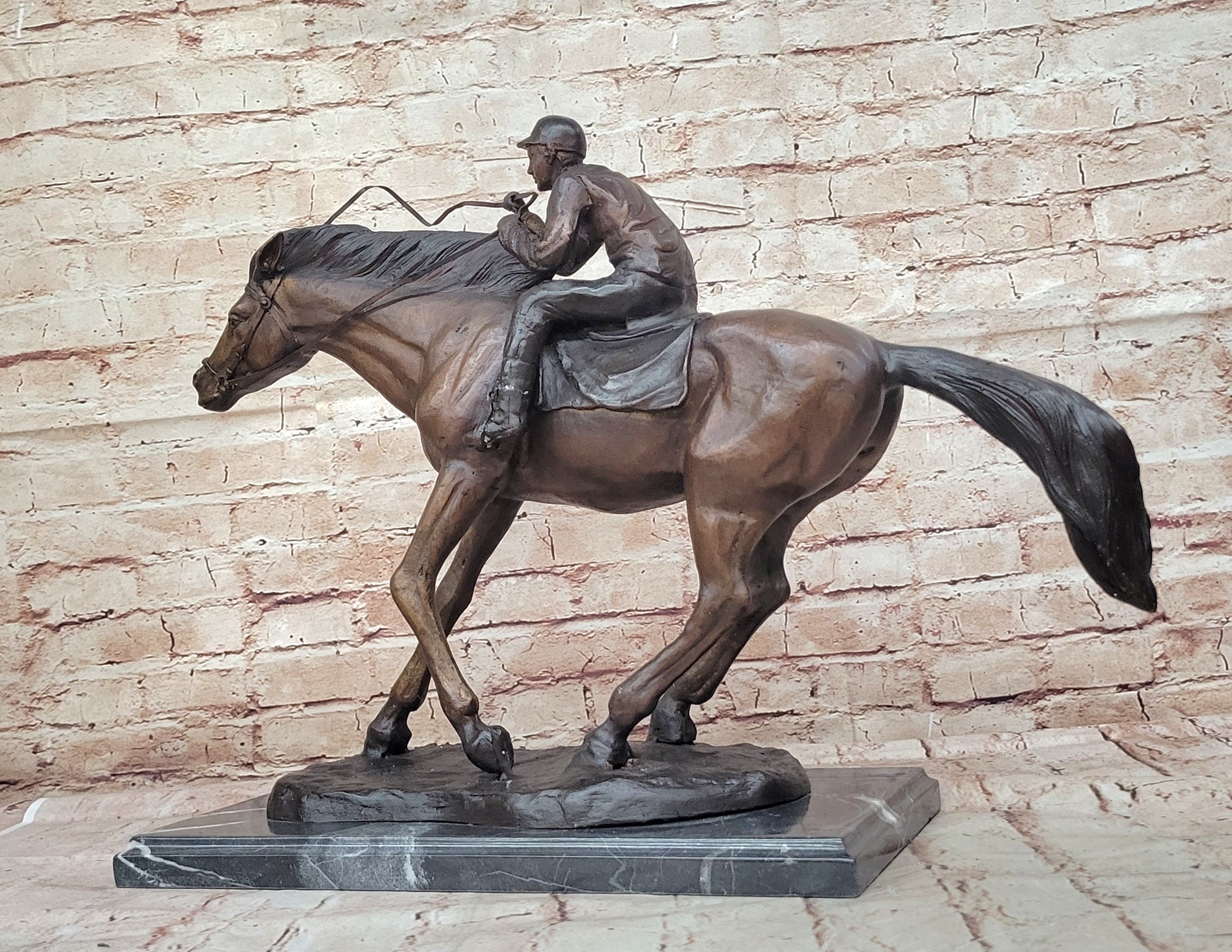 Bronze Sculpture Original  Signed Statue Of Jockey& Race Horse Office Trophy