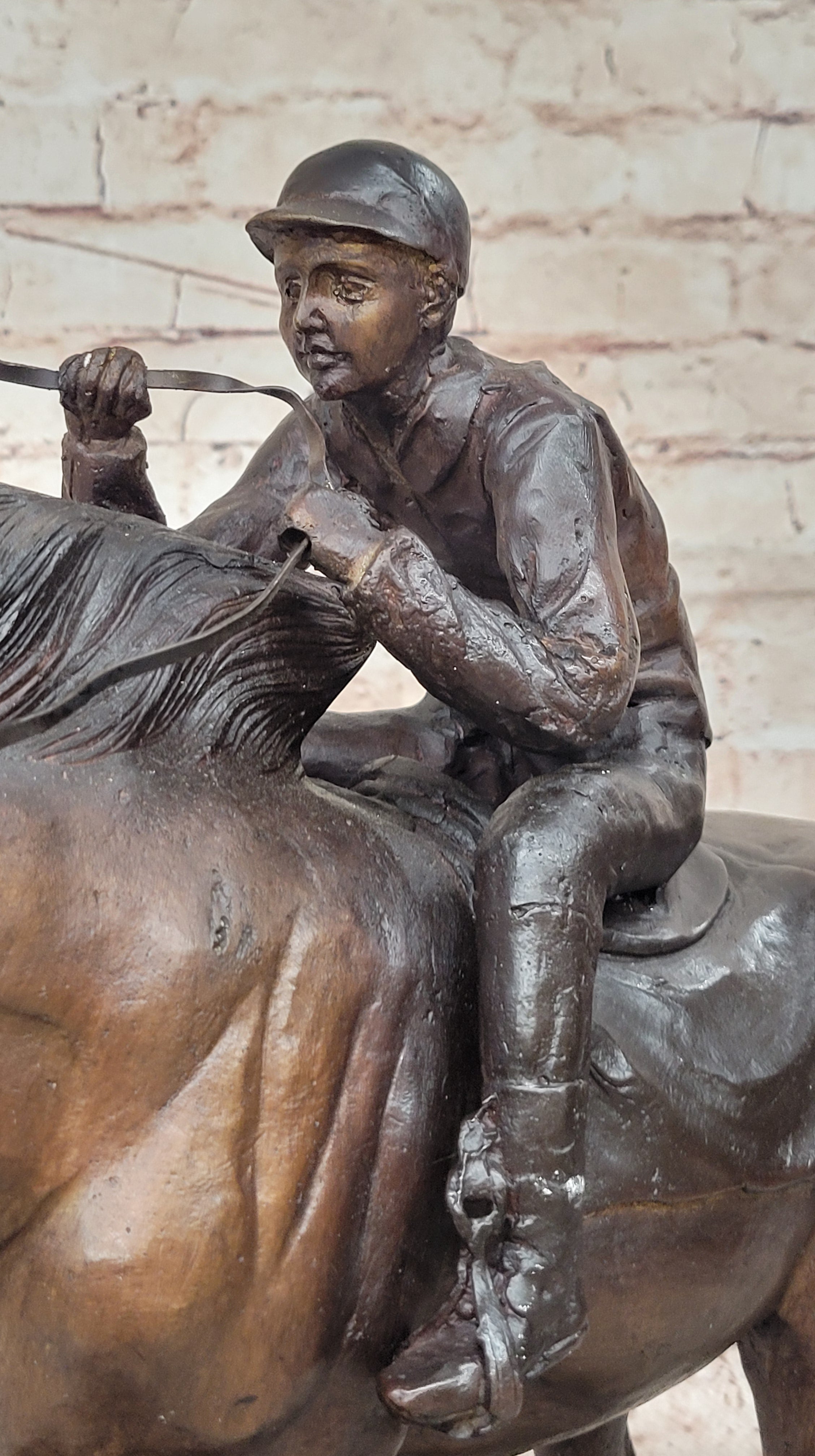 Bronze Sculpture Original  Signed Statue Of Jockey& Race Horse Office Trophy
