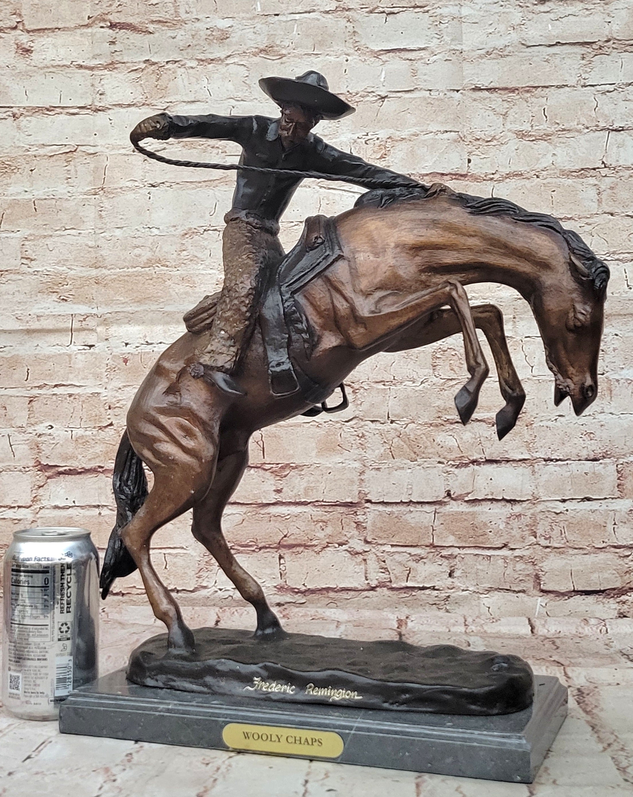 SIGNED REMINGTON FAMOUS WOOLY CHAPS BRONZE SCULPTURE COWBOY HORSE OLD WESTERN NR