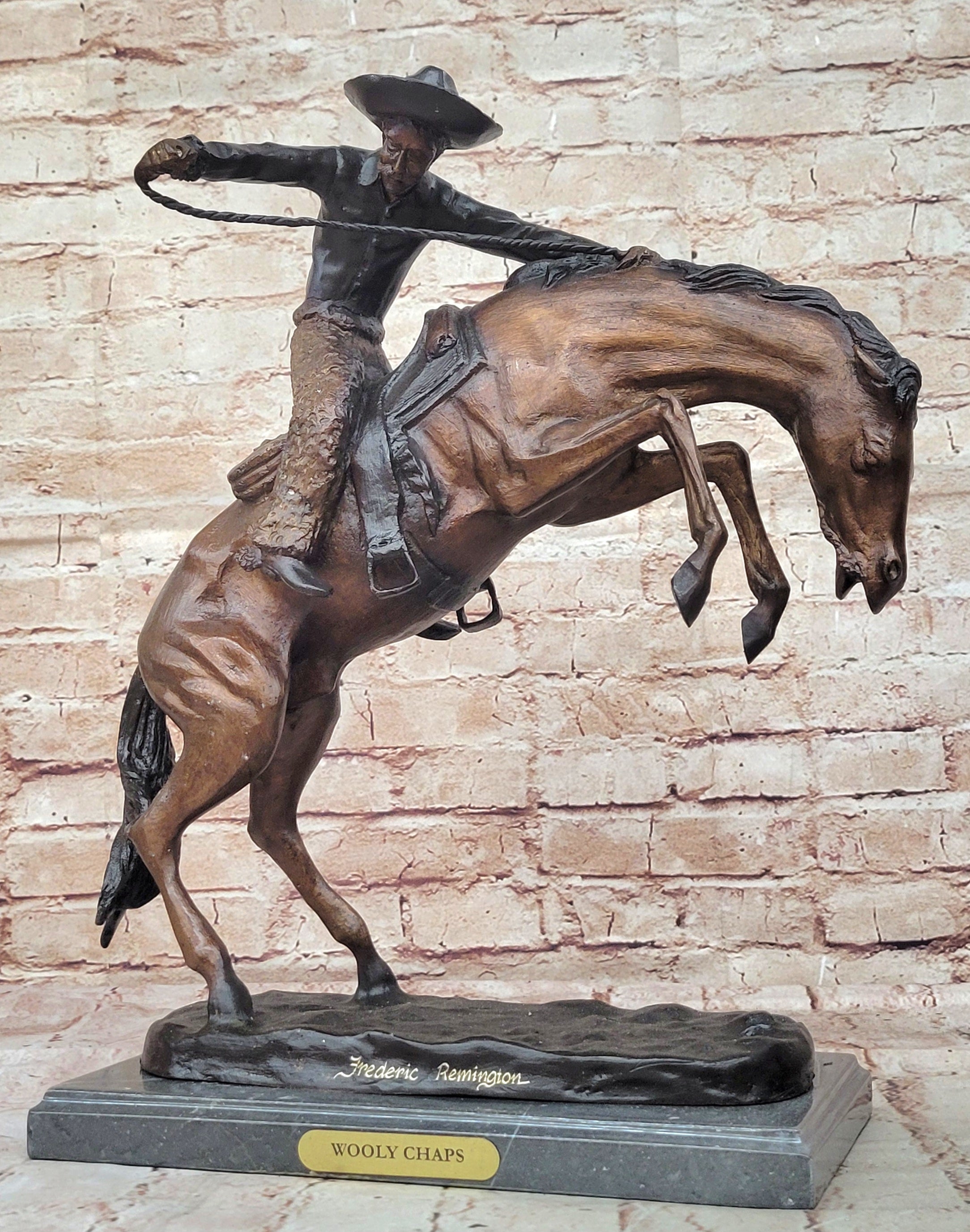 SIGNED REMINGTON FAMOUS WOOLY CHAPS BRONZE SCULPTURE COWBOY HORSE OLD WESTERN NR