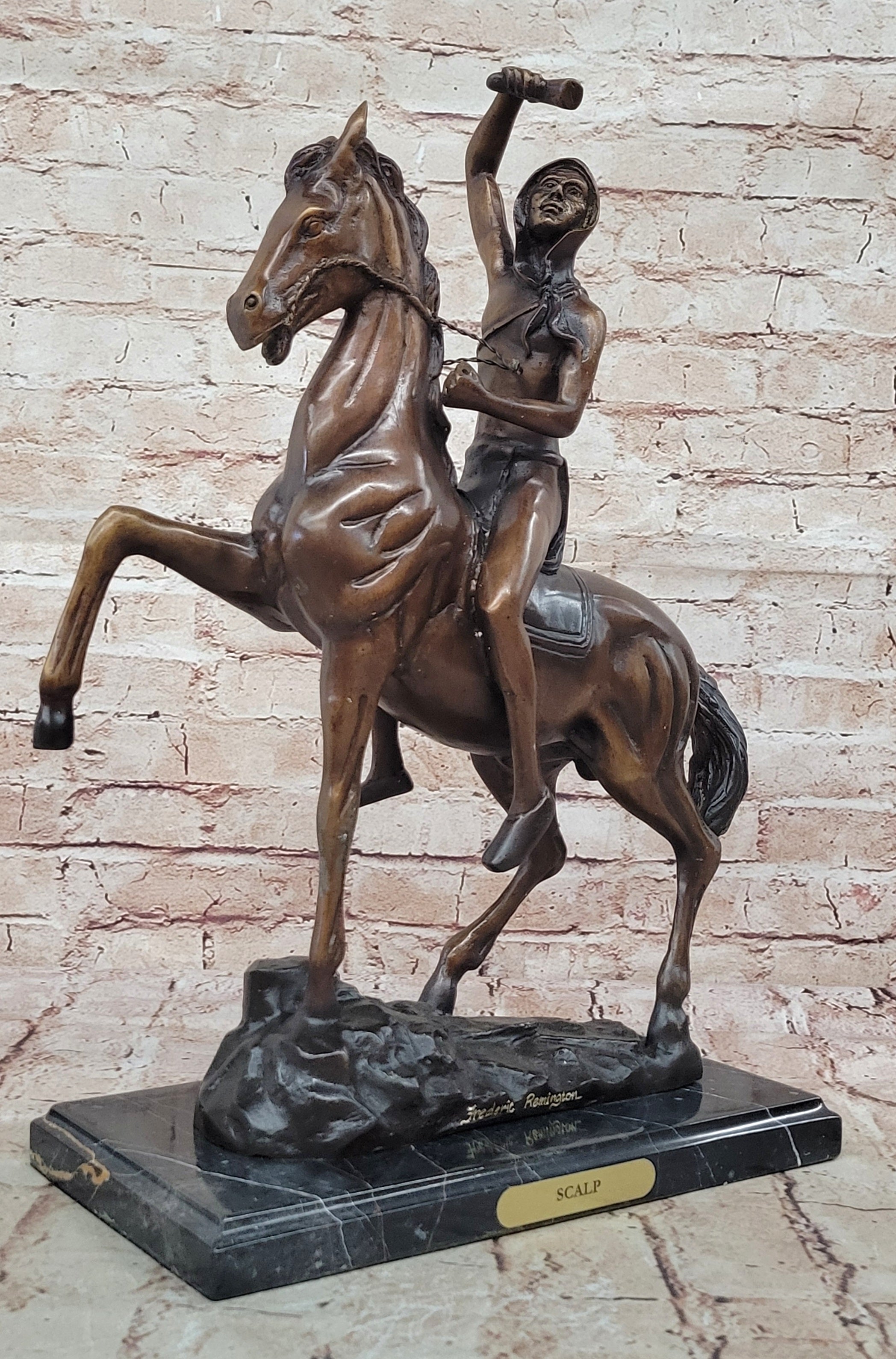 Handcrafted bronze sculpture SALE Horse On Man Tall 20" Scalp" "The Remington