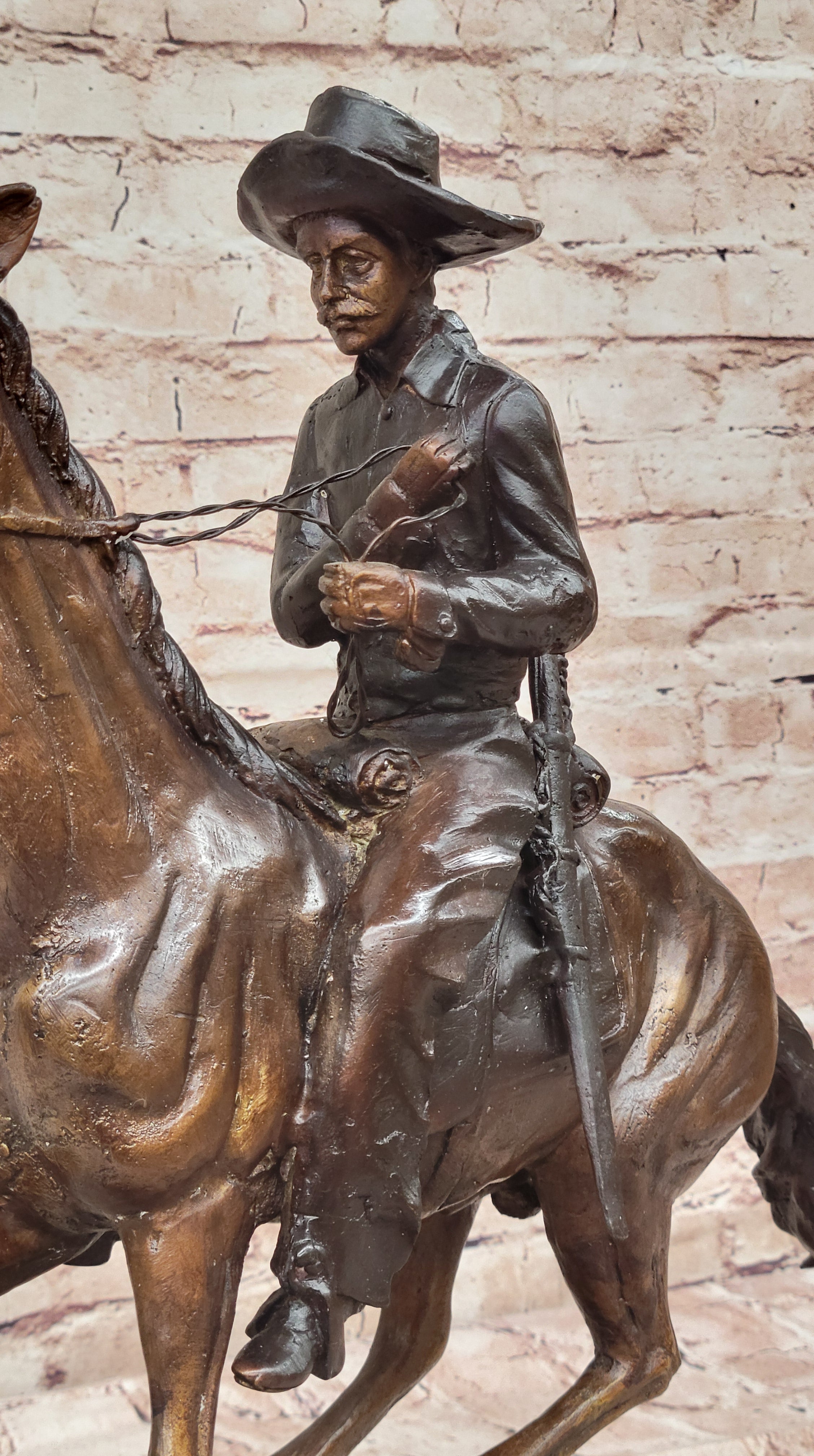 Cowboy On His Running Horse Handmade Bronze Statue Figure Gift Home Decor Art NR