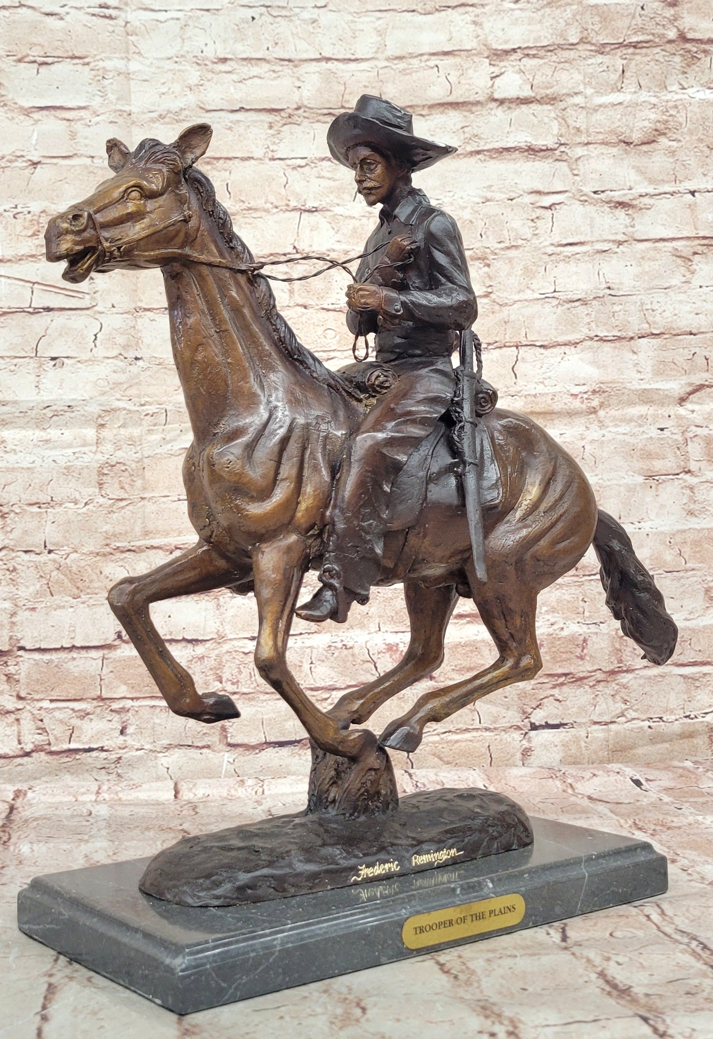 Cowboy On His Running Horse Handmade Bronze Statue Figure Gift Home Decor Art NR