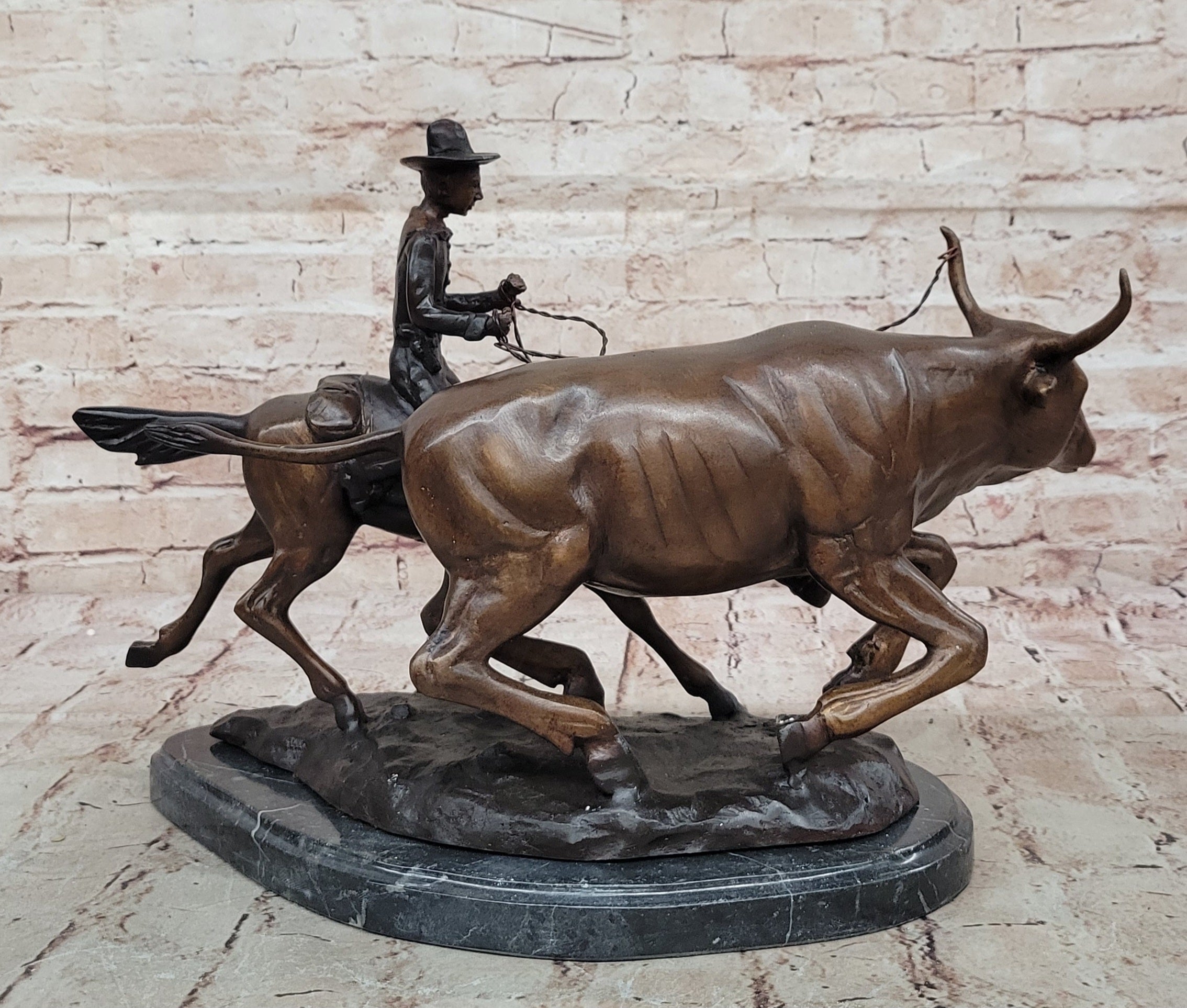 Art Deco Western Old West Cowboy on Horse with Cattle Handcrafted Figure Figurine