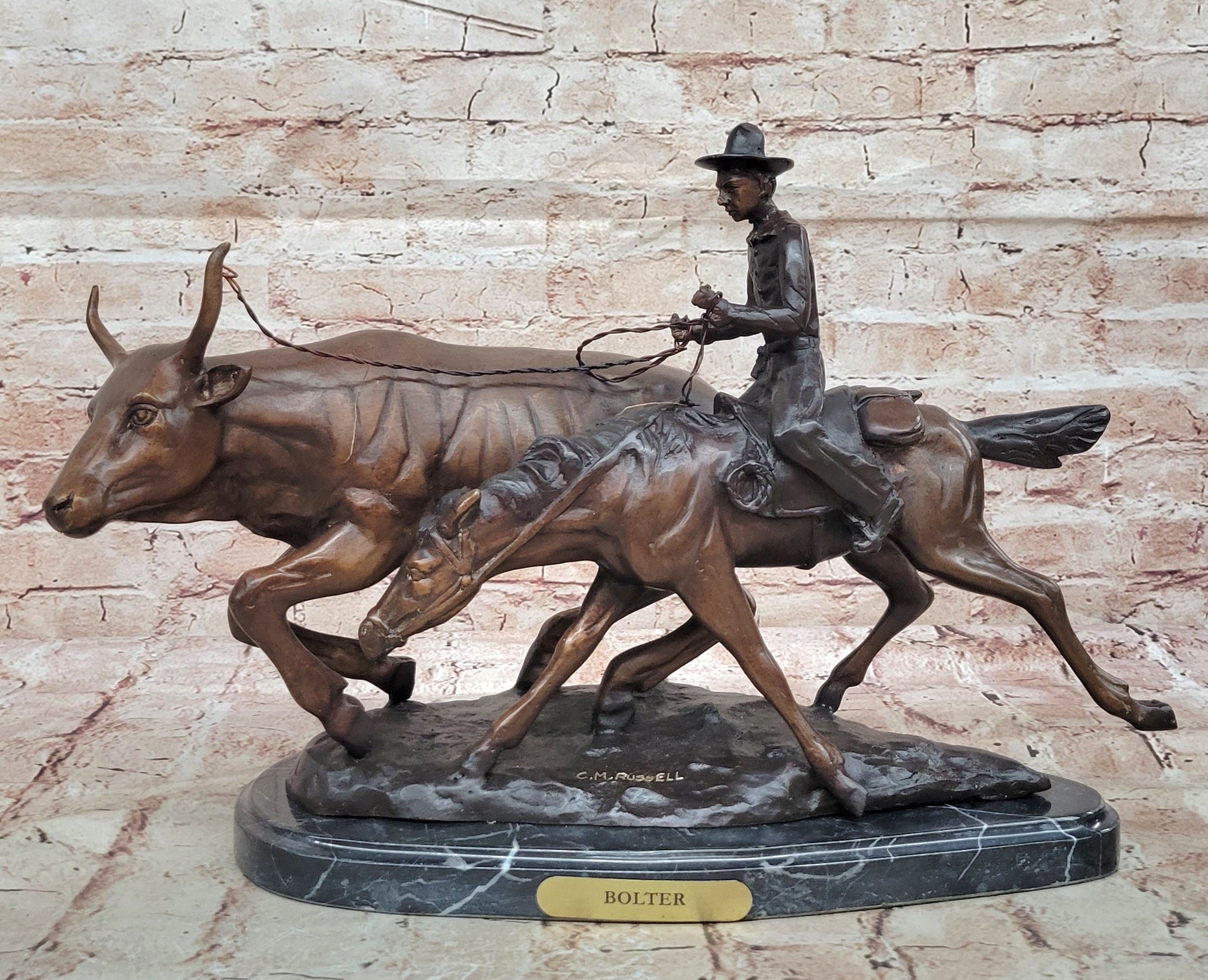 Art Deco Western Old West Cowboy on Horse with Cattle Handcrafted Figure Figurine