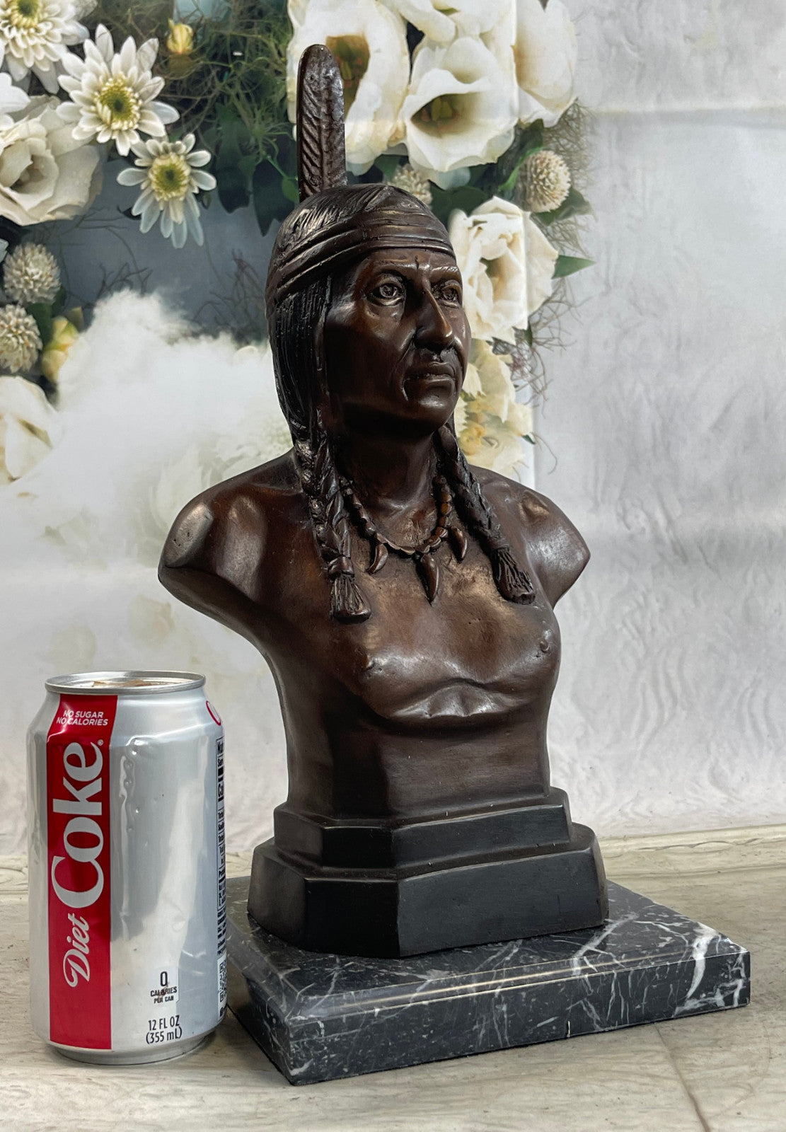 Rare Indian Native American Art Chief Eagle Bust Marble Base Sculpture hot cast