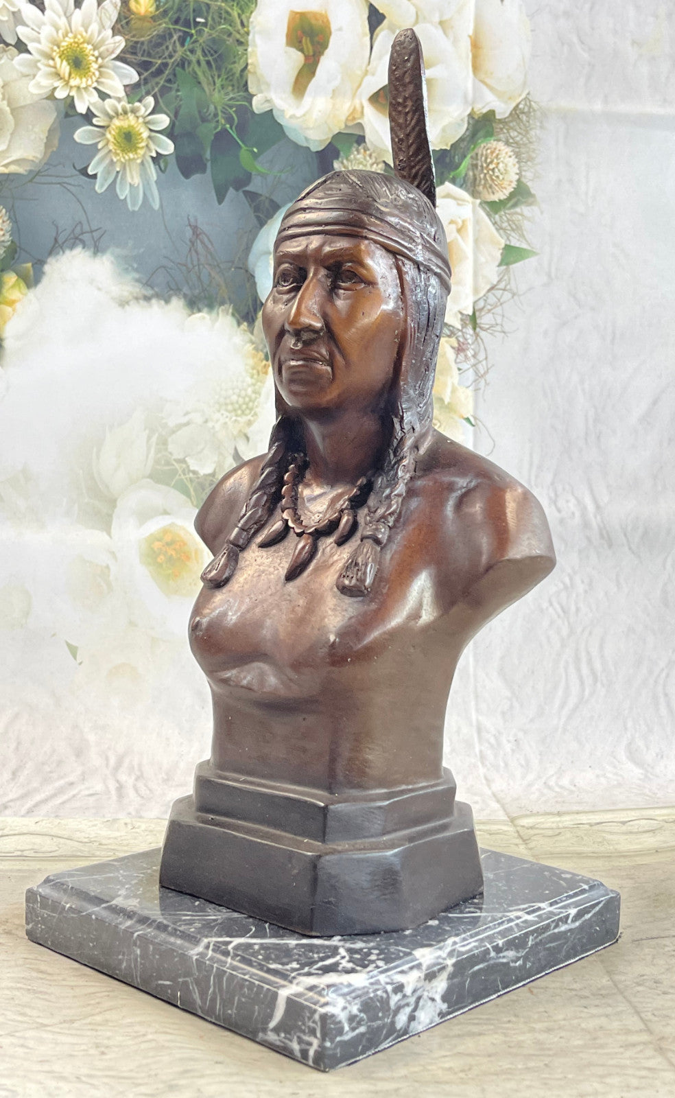 Rare Indian Native American Art Chief Eagle Bust Marble Base Sculpture hot cast
