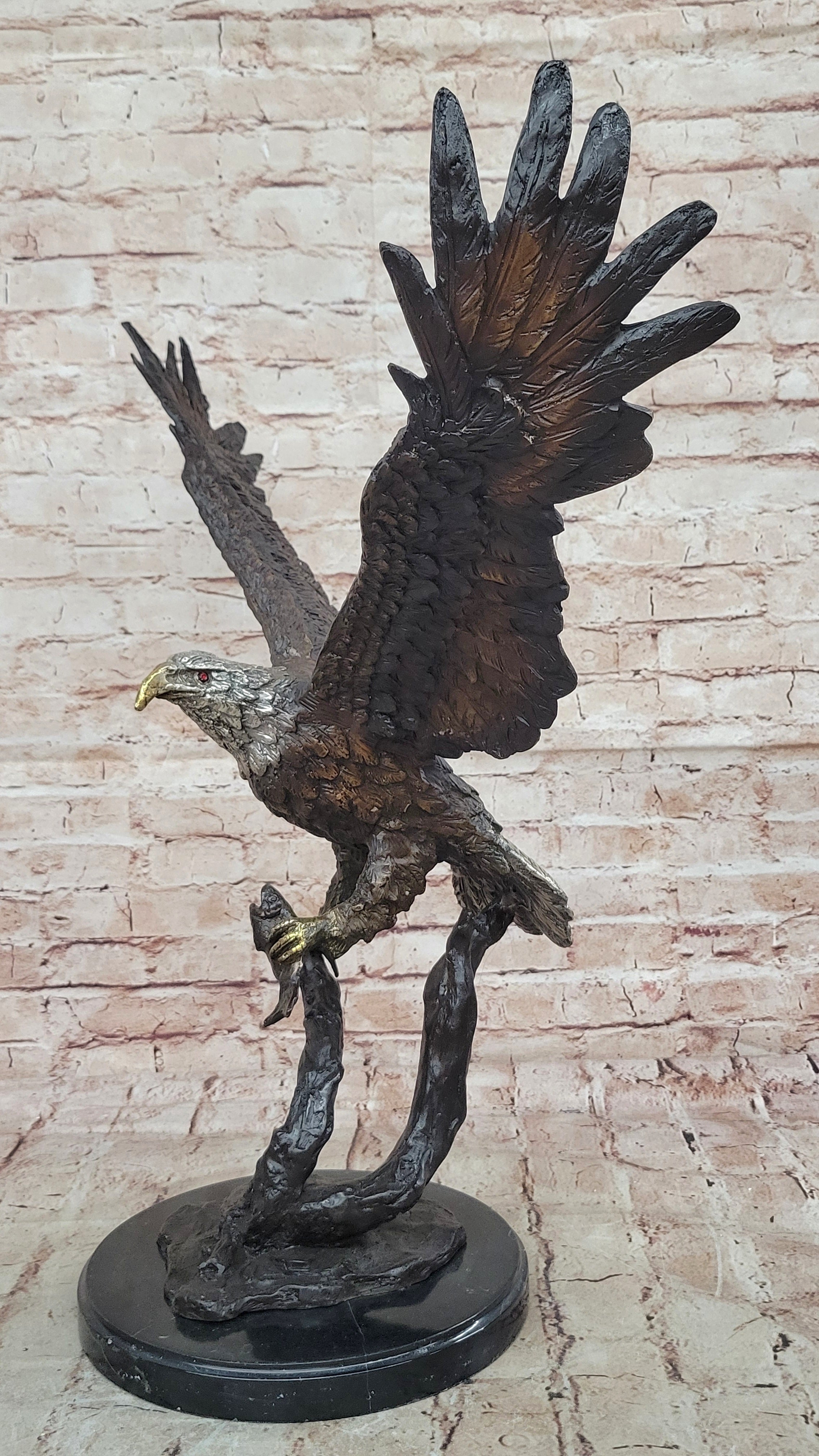 Flying Fishing Bald Eagle Military Art American Patriotic Bronze Marble Statue